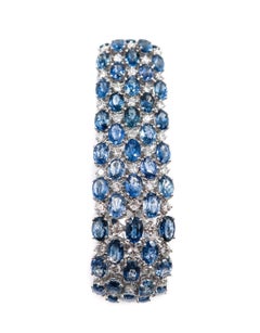 Oval Sapphire and Diamond Wide White Gold Bracelet