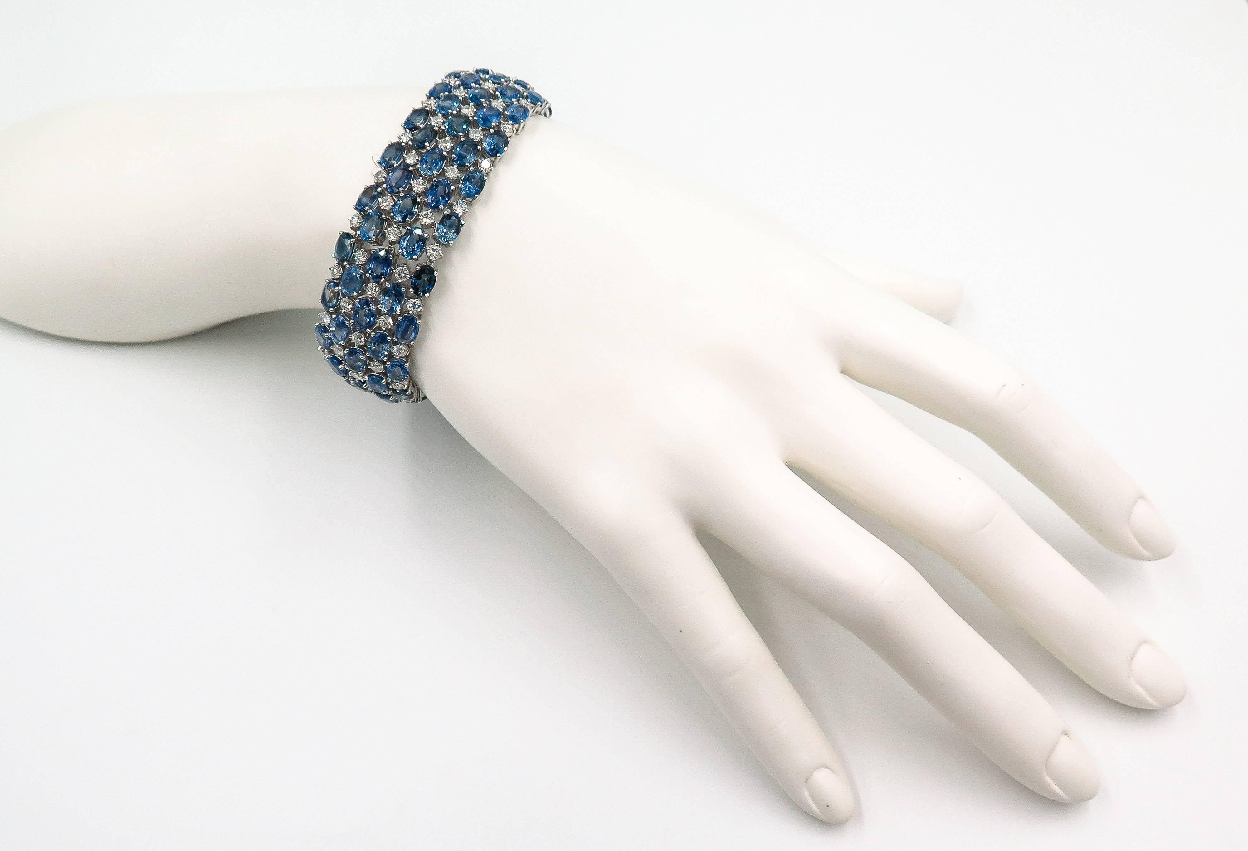 Oval Sapphire and Diamond Wide White Gold Bracelet In Excellent Condition In Greenwich, CT