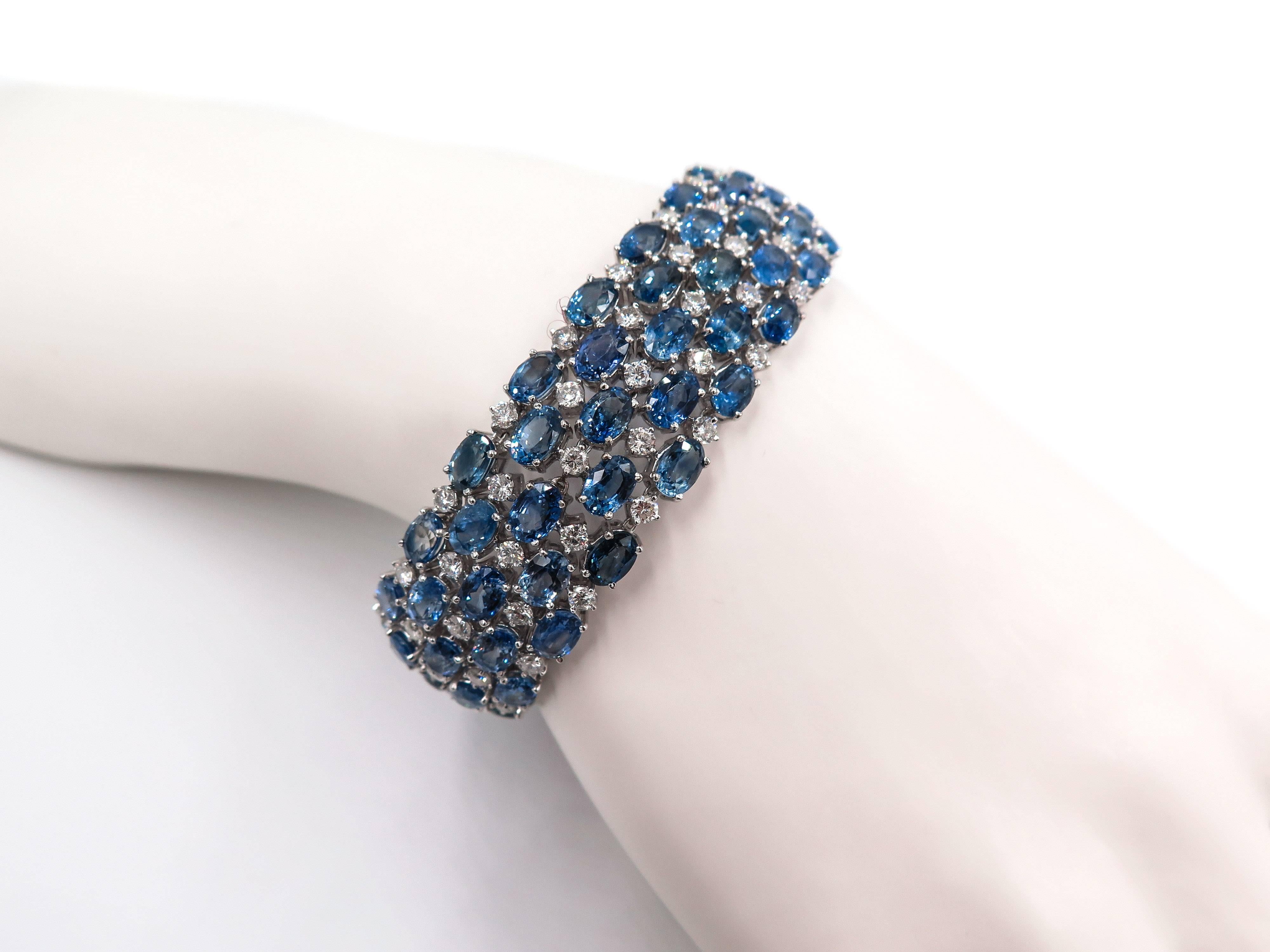 Women's Oval Sapphire and Diamond Wide White Gold Bracelet