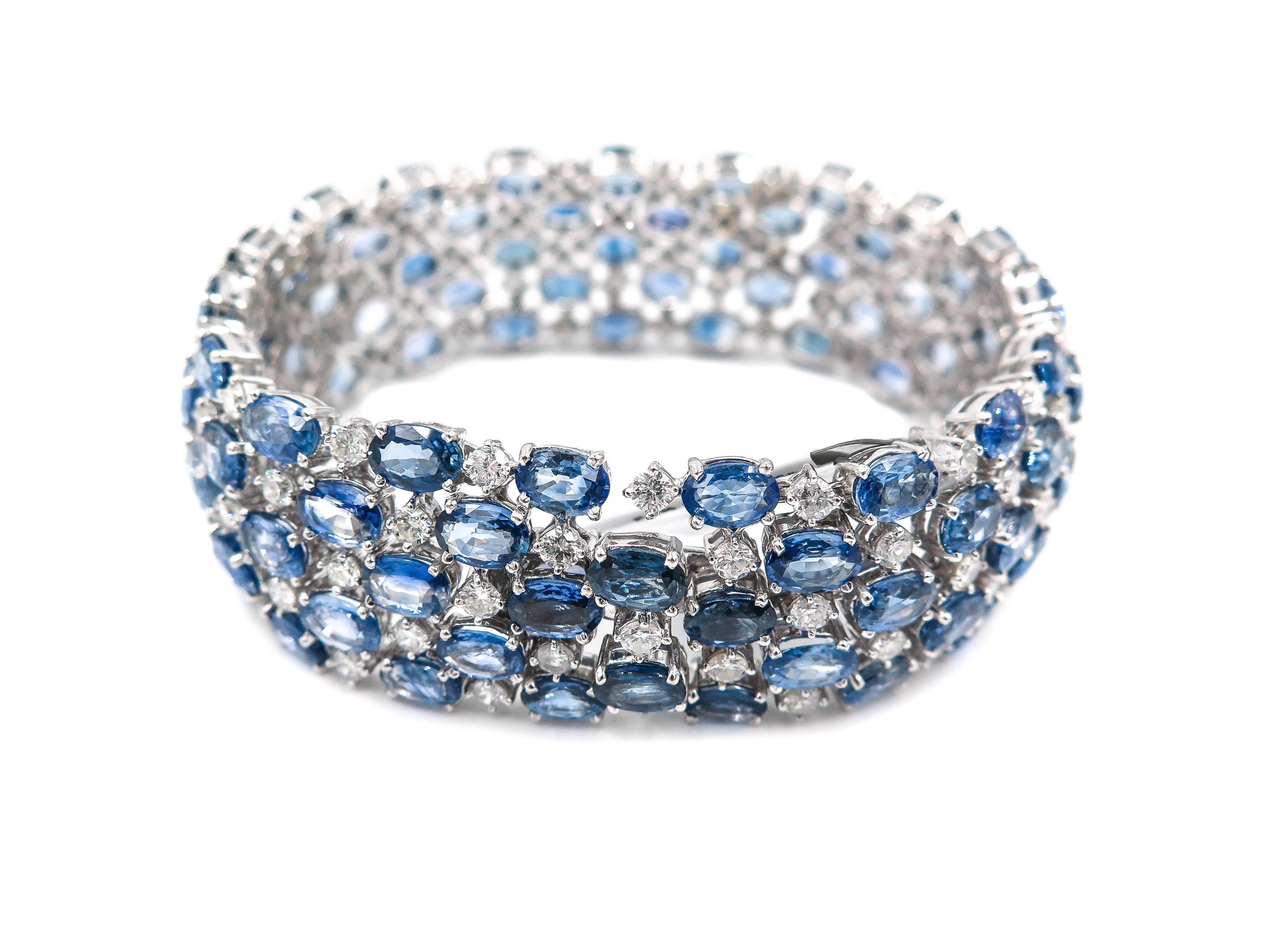 Artist Oval Sapphire and Diamond Wide White Gold Bracelet