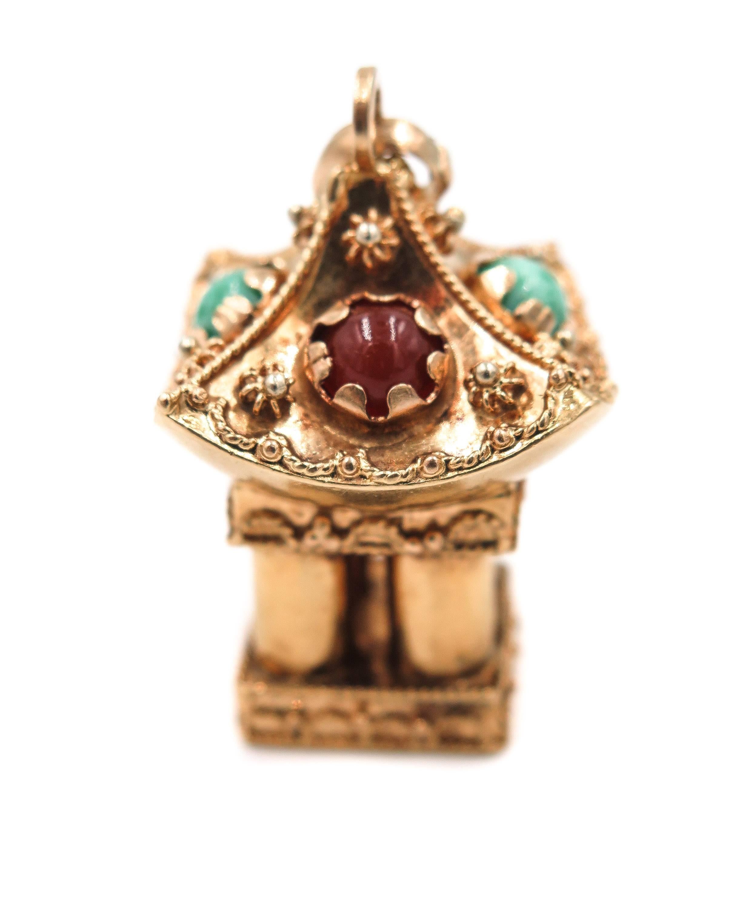 Vintage Etruscan Style Pagoda Charm, handcrafted in Italy with 18k yellow gold adorned with cabochon turquoise and carnelians.
Exceptional design and craftsmanship, a real treasure to keep!!
