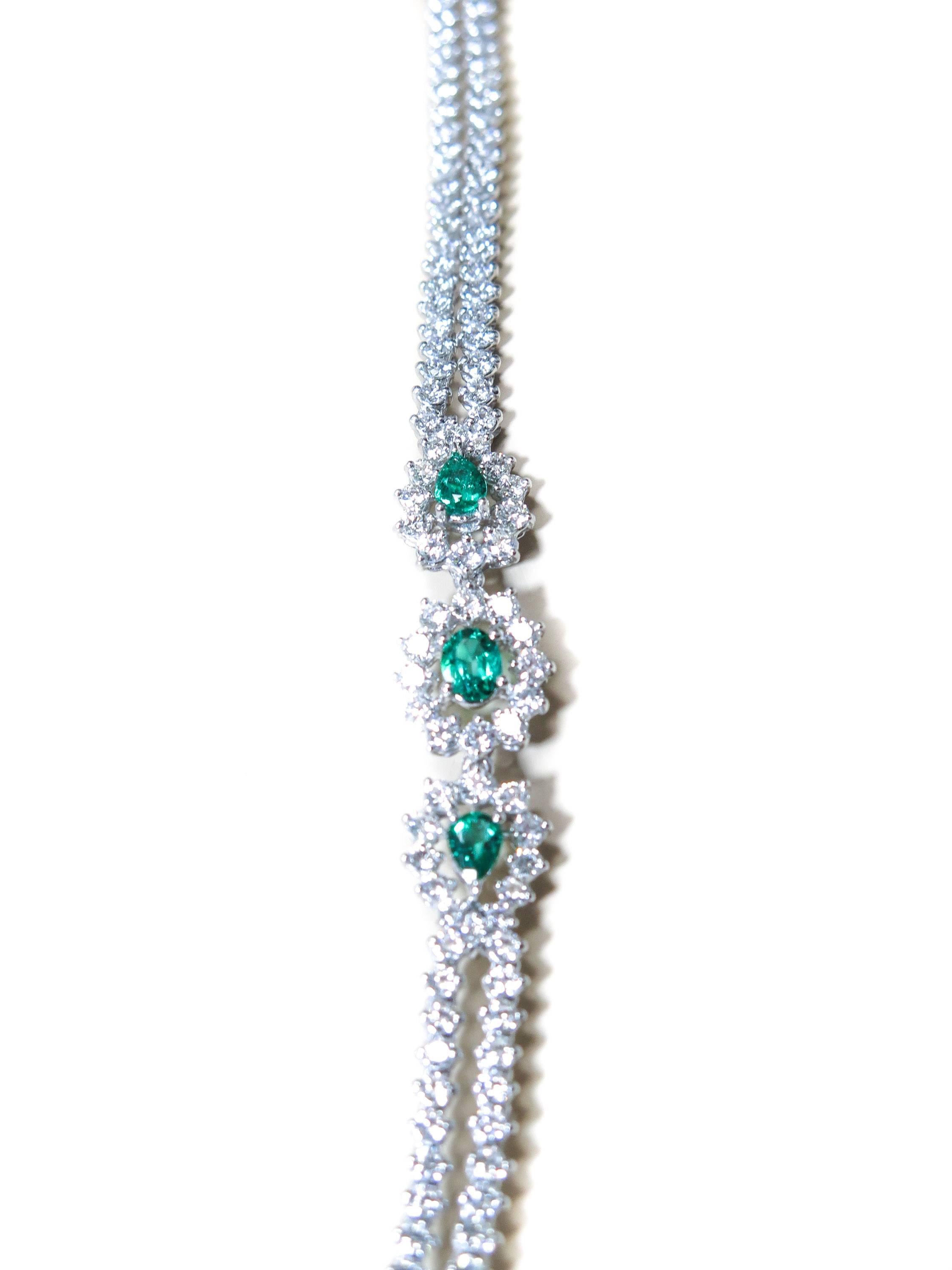 Women's Double Strand Diamond and Emerald White Gold Necklace