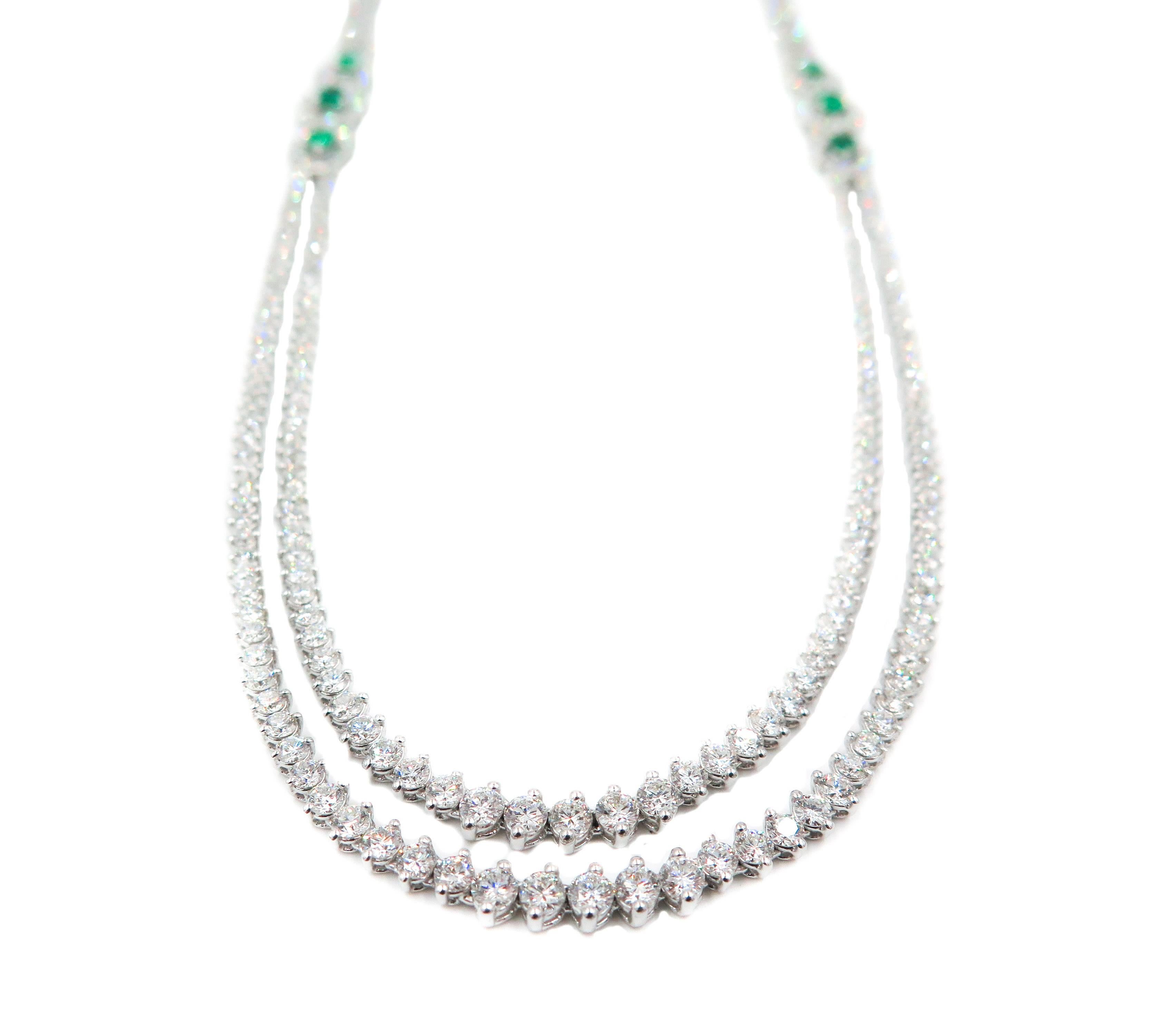 Modern Double Strand Diamond and Emerald White Gold Necklace