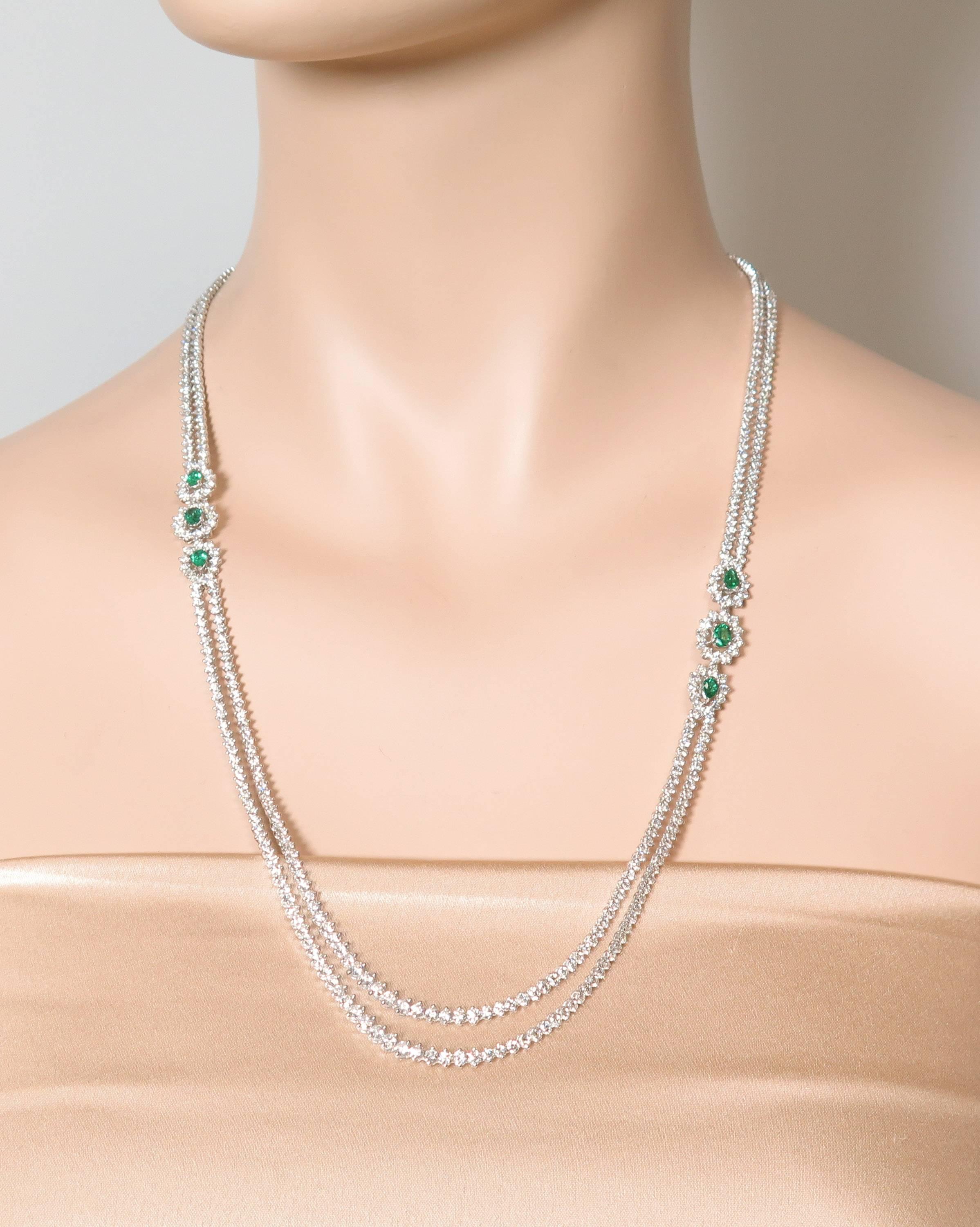 Double Strand Diamond and Emerald White Gold Necklace 4
