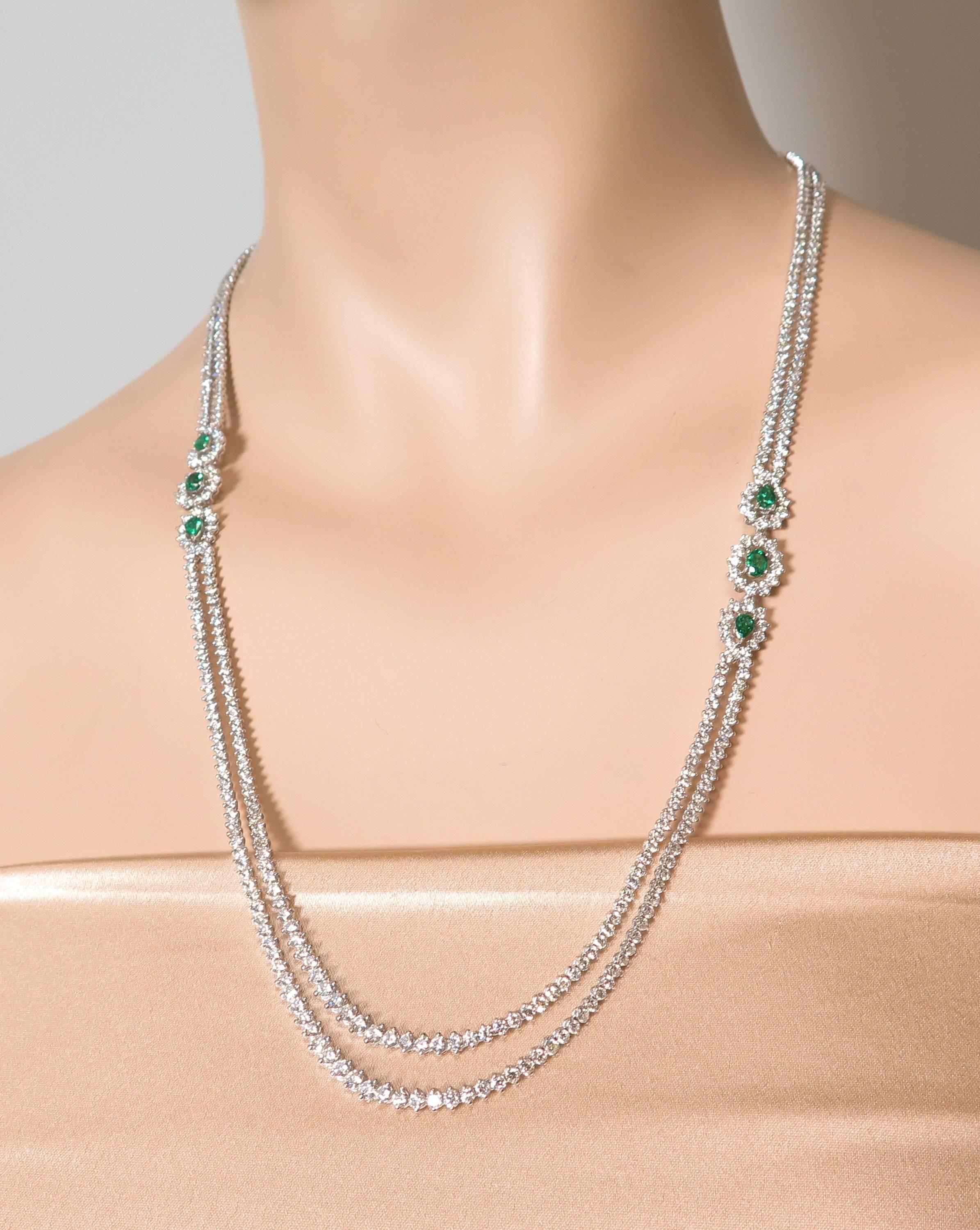 Double Strand Diamond and Emerald White Gold Necklace 5