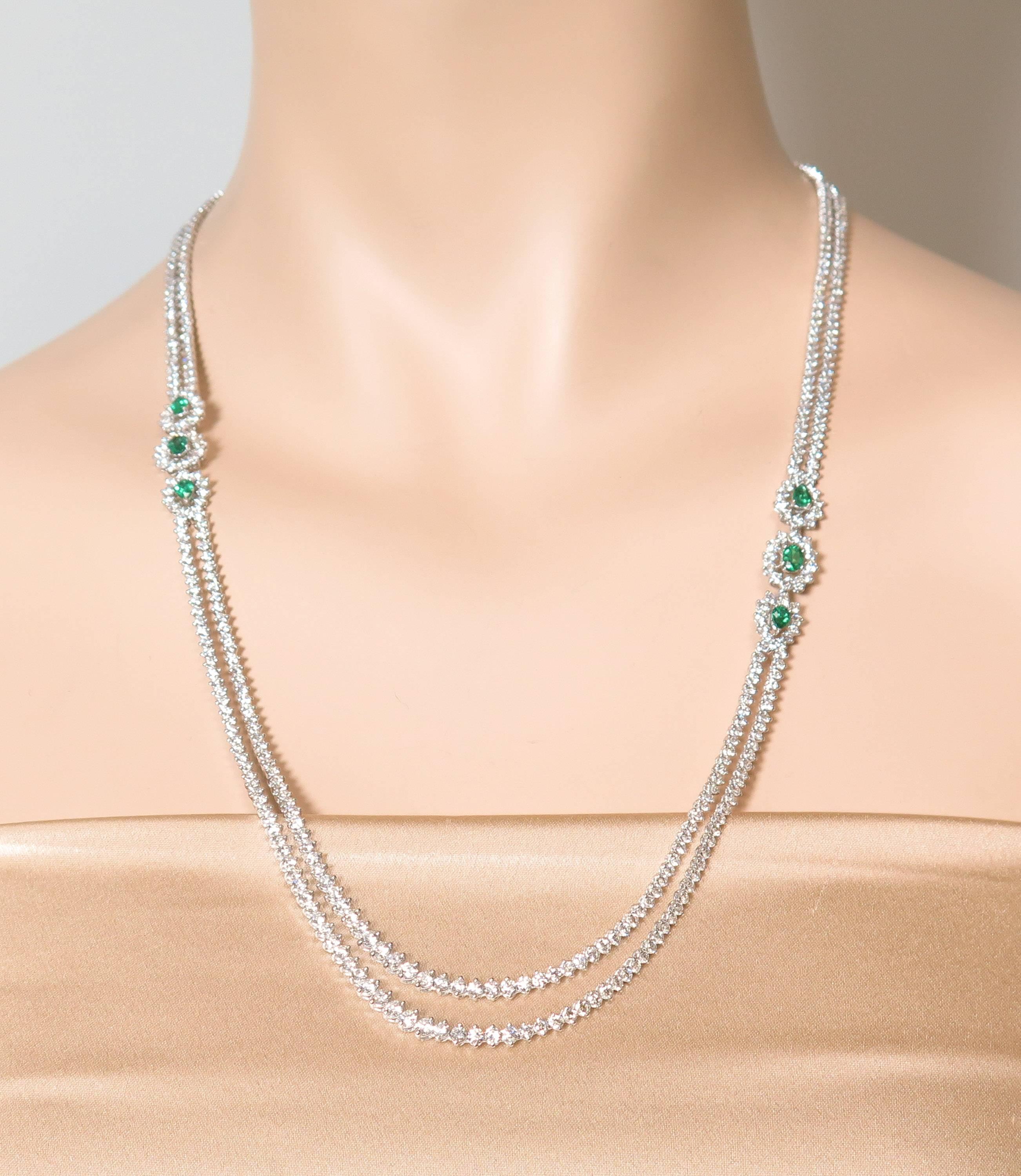 Double Strand Diamond and Emerald White Gold Necklace 3