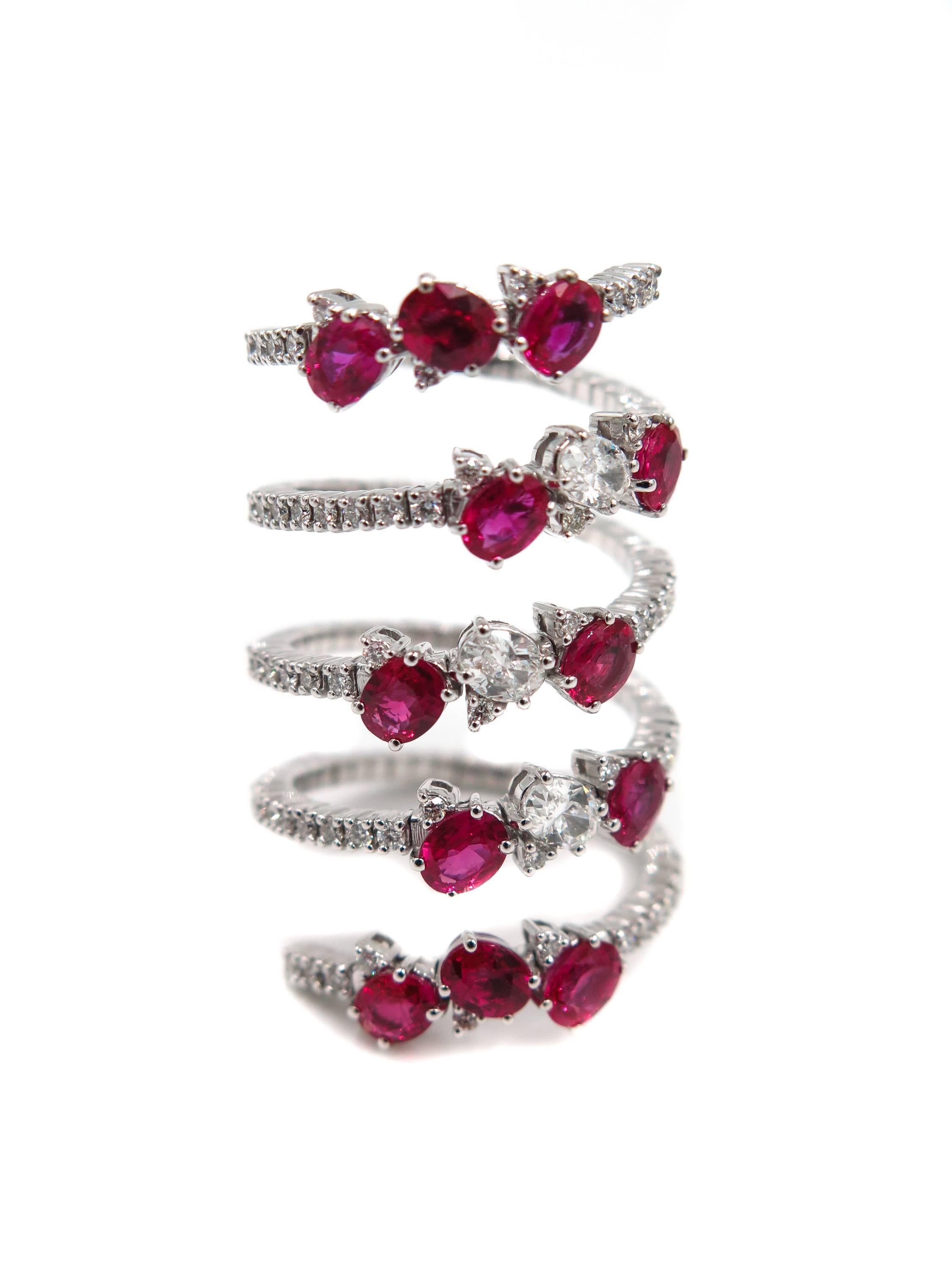 Ruby and Diamond Spiral White Gold Ring In New Condition In Greenwich, CT