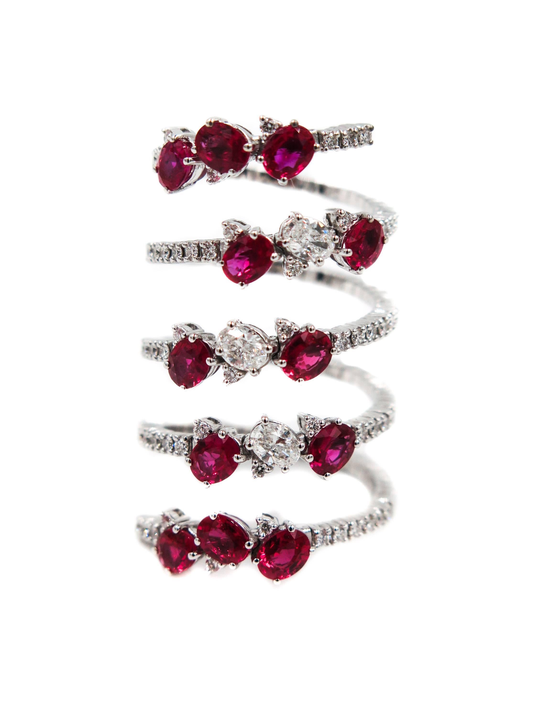 The harmony of nature, symbol of timeless beauty inspired Leo Pizzo to create this unique spiral ruby and diamond ring with 3.54 carats of rubies and 1.14 carats of diamonds. 
The intense ruby red color and the brilliant white diamonds reveal an