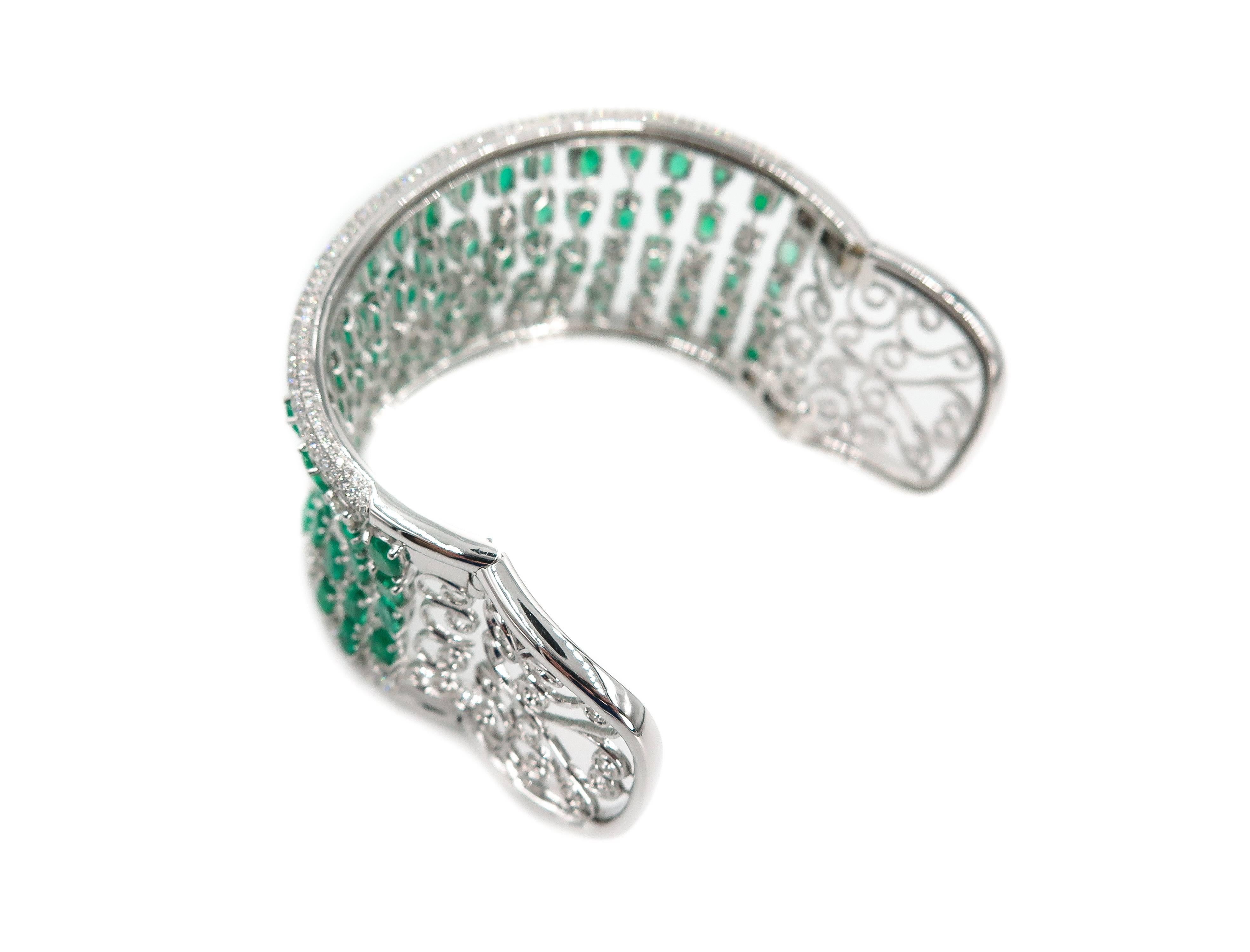 Women's White Gold Emerald and Diamond Cuff Bracelet