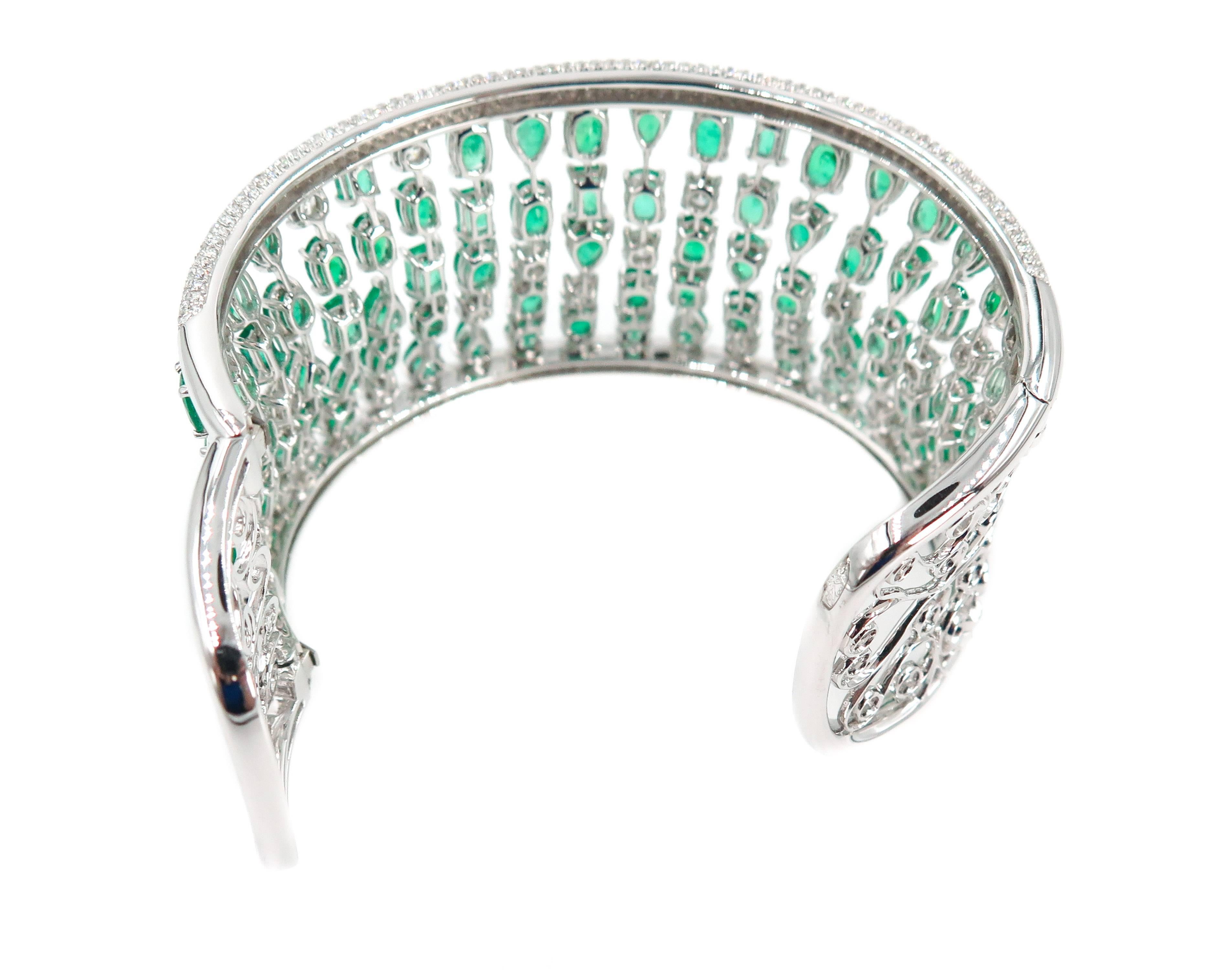 White Gold Emerald and Diamond Cuff Bracelet In New Condition In Greenwich, CT
