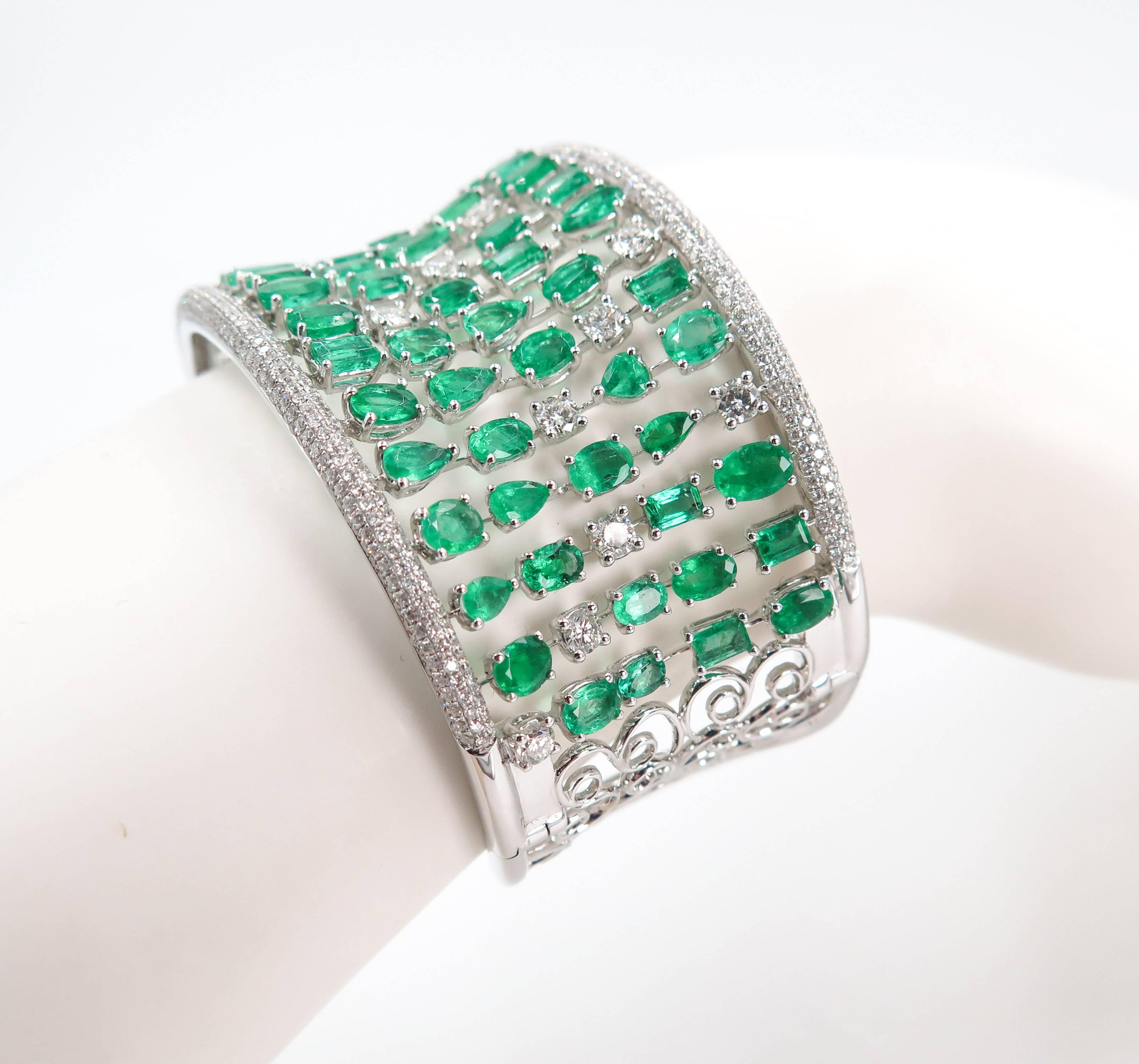 White Gold Emerald and Diamond Cuff Bracelet 4