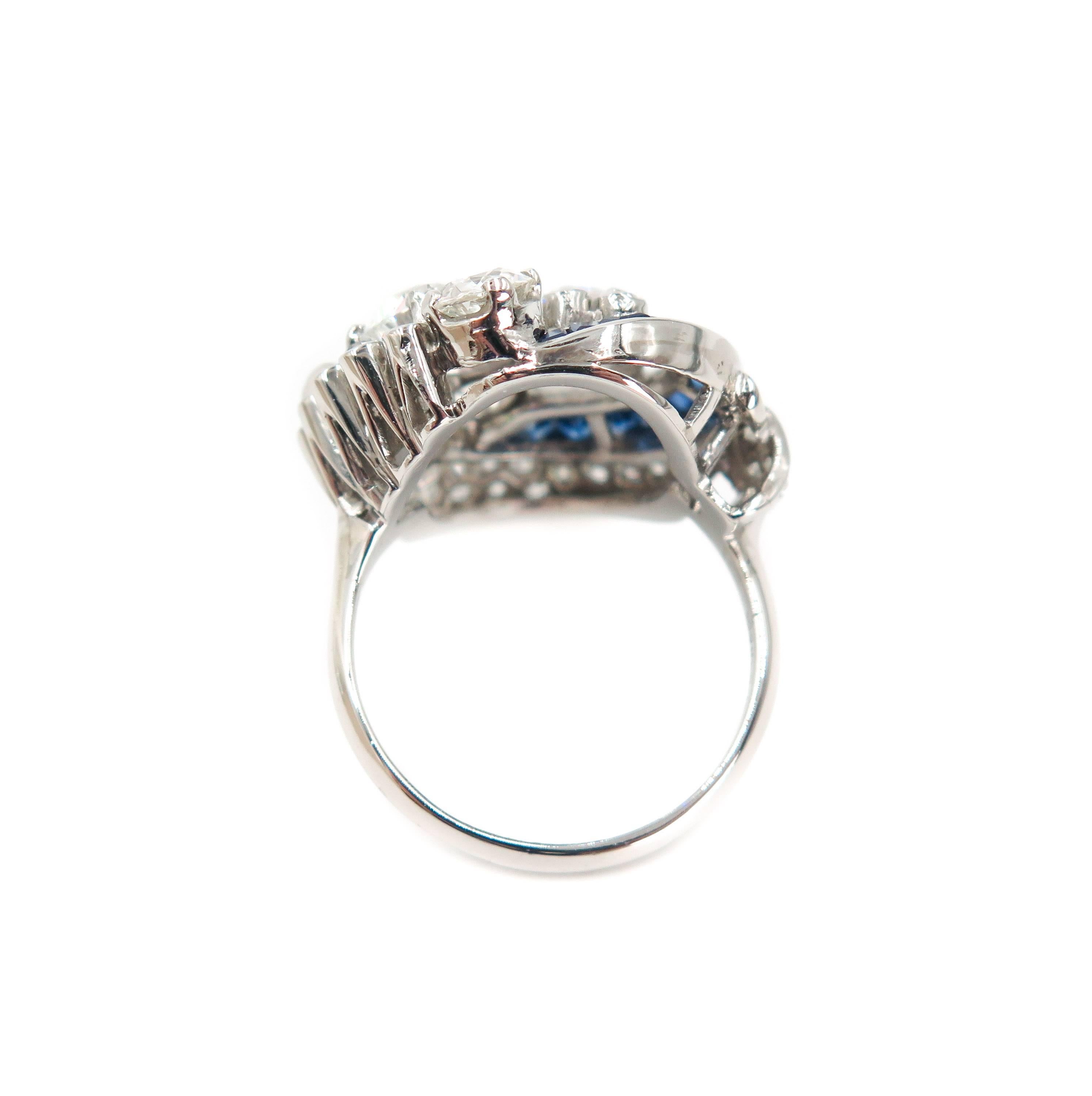 Women's Sapphire and Diamond Estate Platinum Cocktail Ring For Sale