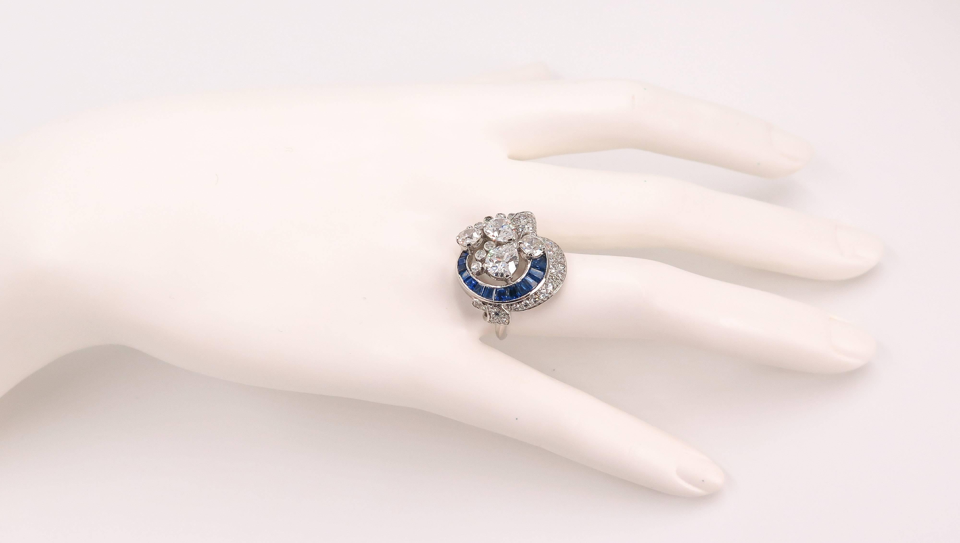 Sapphire and Diamond Estate Platinum Cocktail Ring For Sale 2