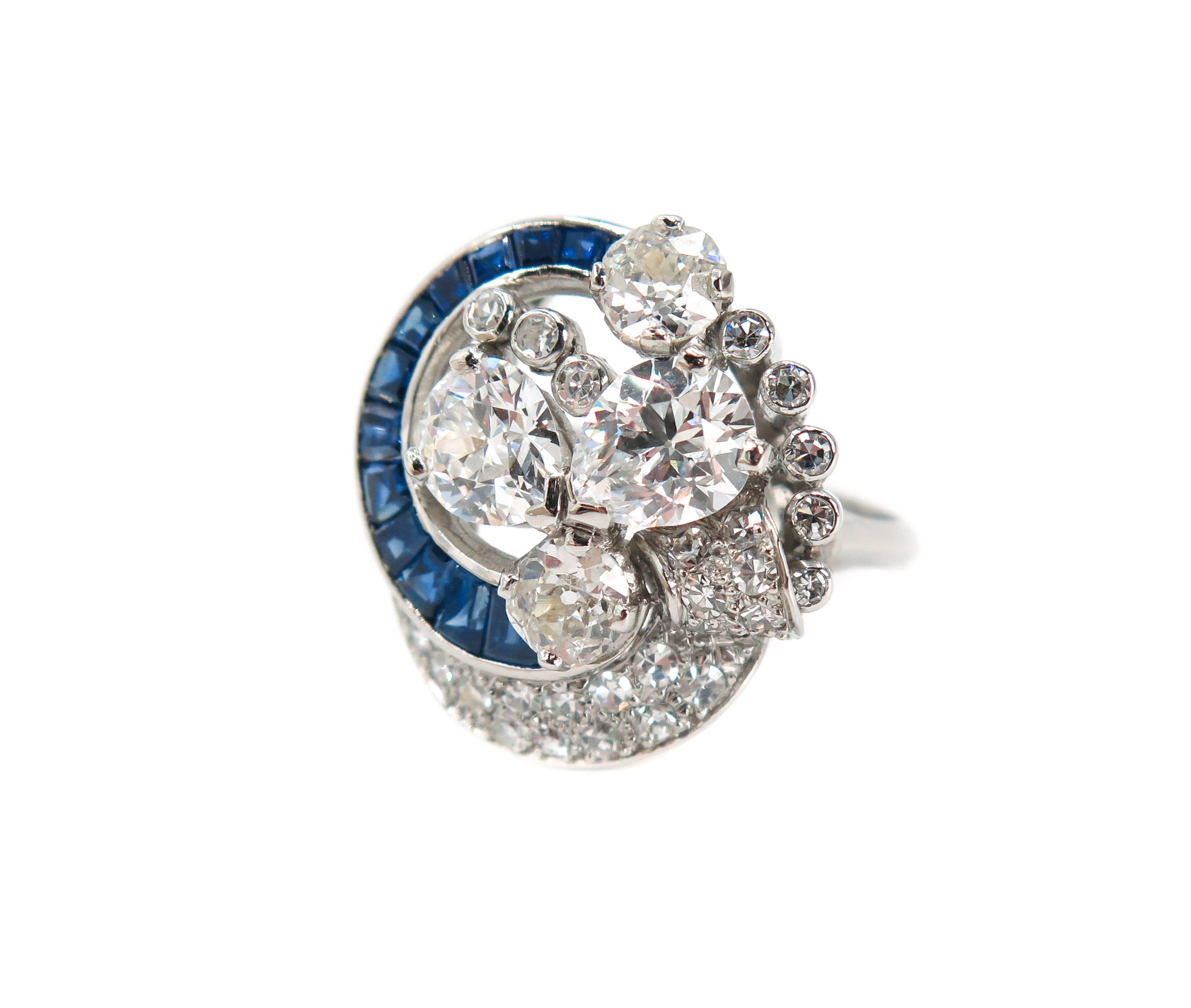 Sapphire and Diamond Estate Platinum Cocktail Ring In Excellent Condition For Sale In Greenwich, CT