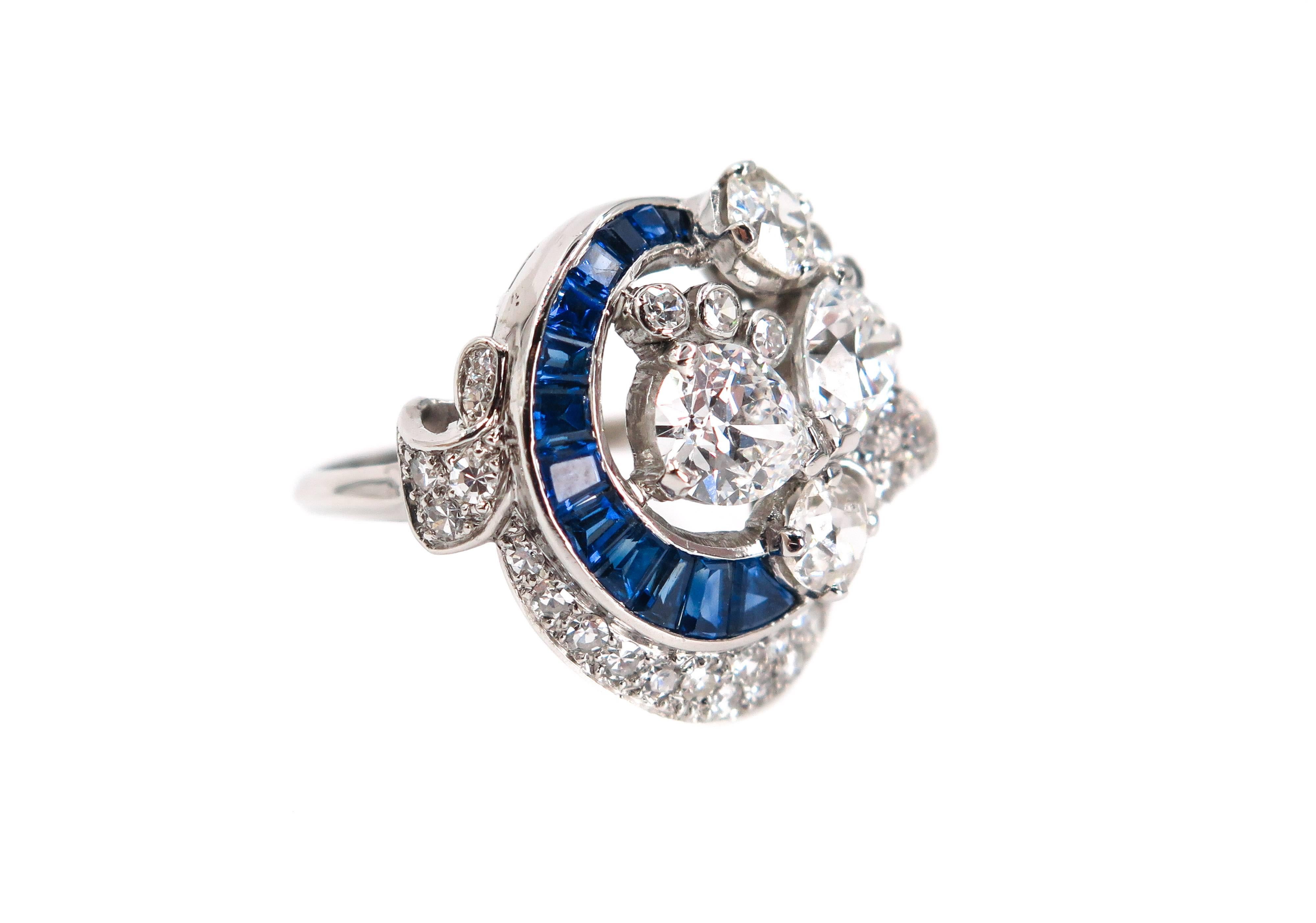 Mixed Cut Sapphire and Diamond Estate Platinum Cocktail Ring For Sale