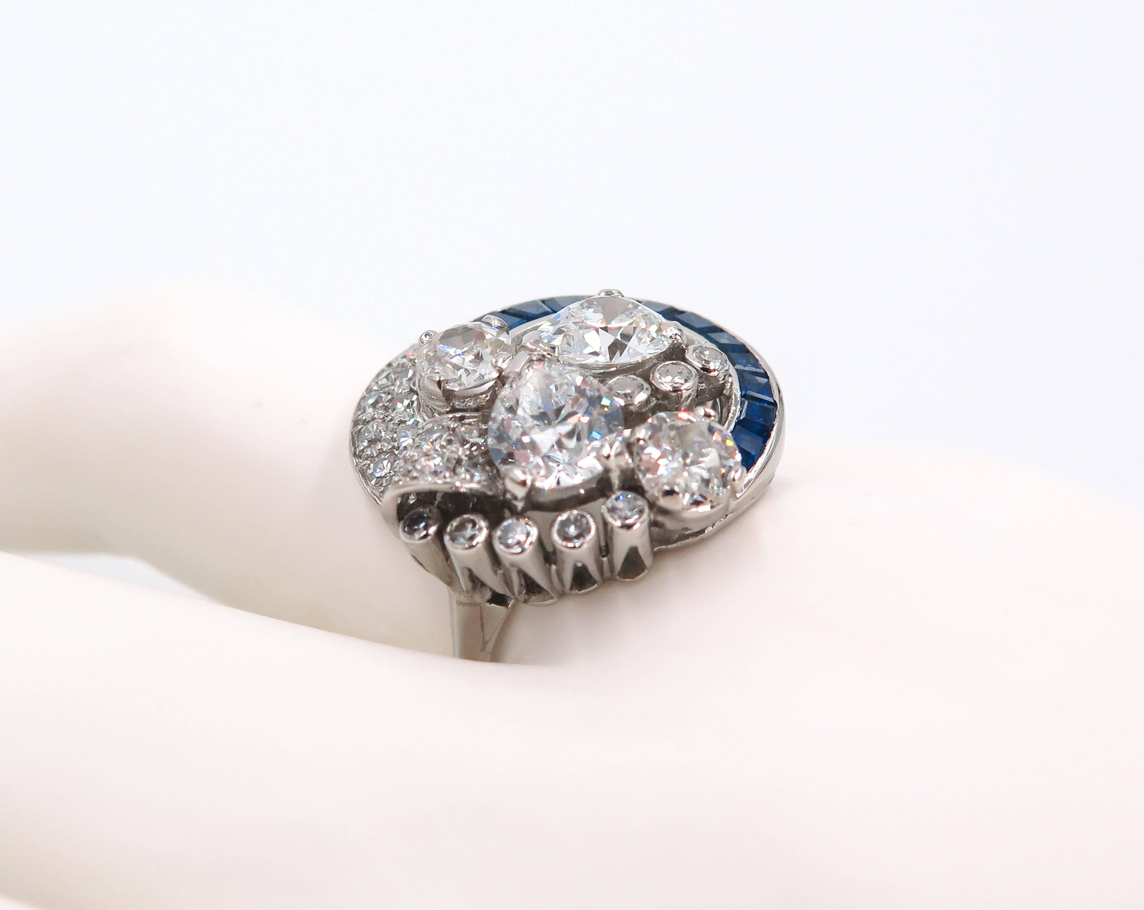 Sapphire and Diamond Estate Platinum Cocktail Ring For Sale 4