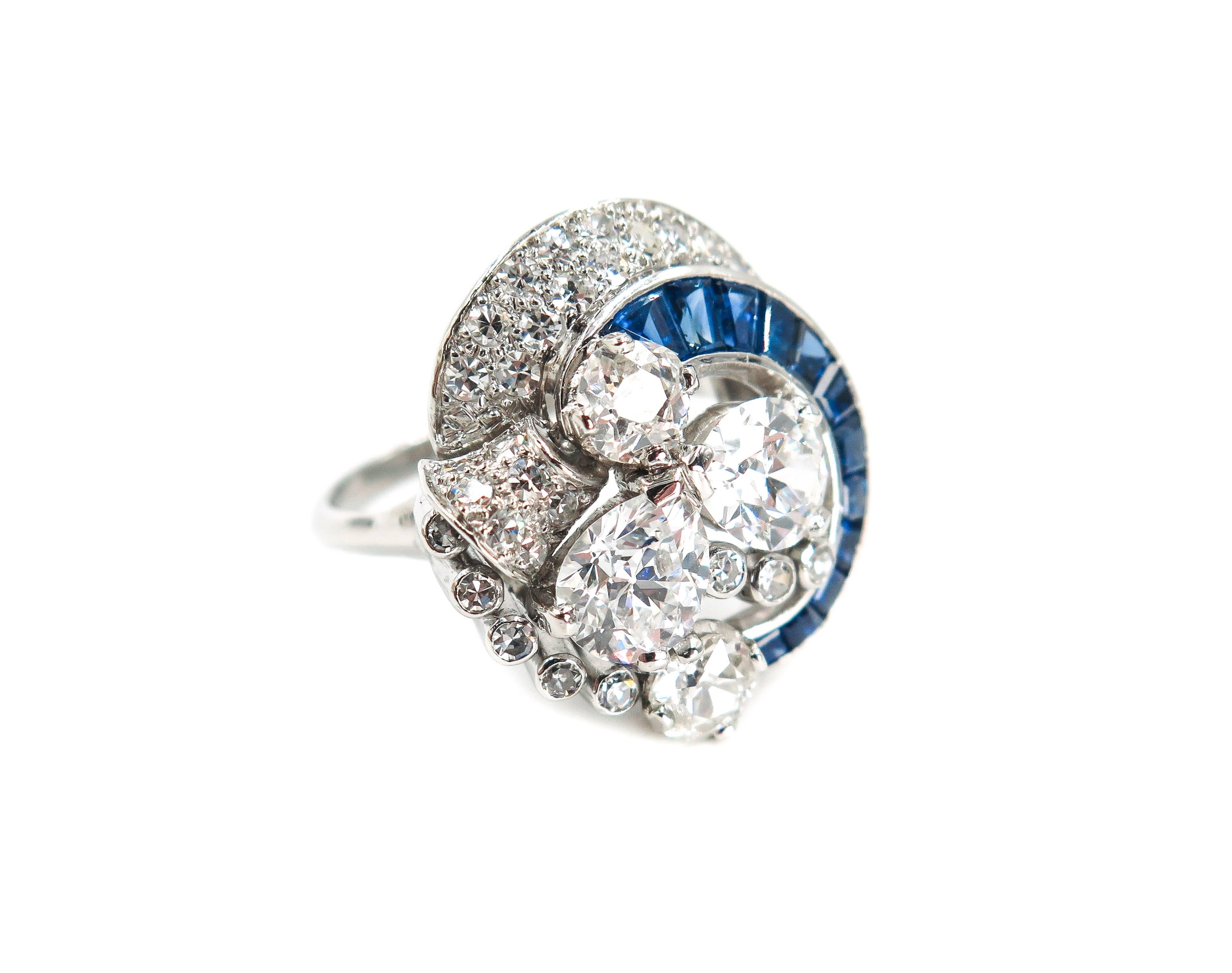 Sapphire and Diamond Estate Platinum Cocktail Ring For Sale 1