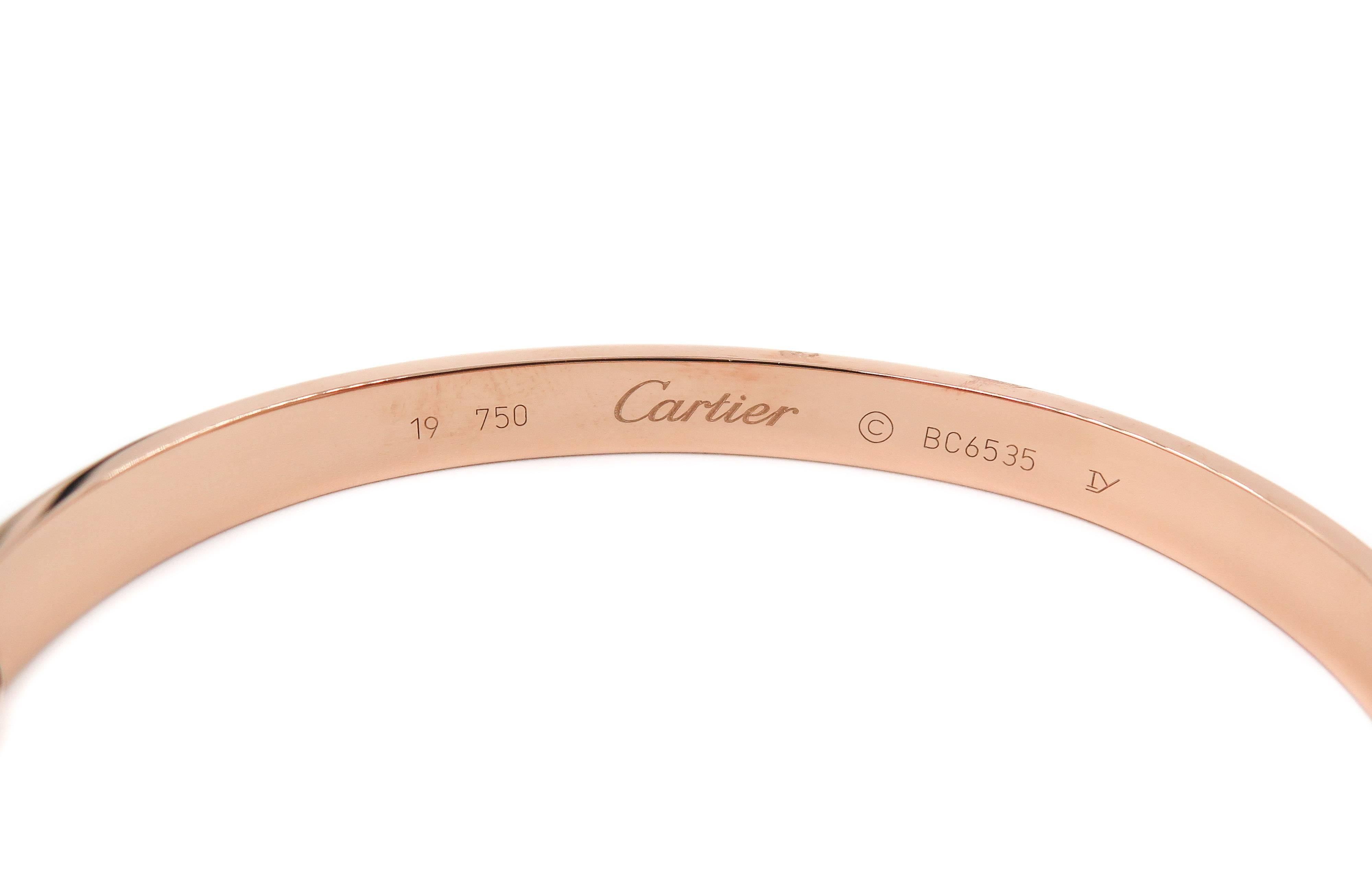 This bracelet is a universal symbol of Love and commitment. 
The Love bracelet, was created in the 1970s by Cartier, and became iconic!!
Designed in 18k Rose Gold as a flat bangle bracelet studded with screws that locks to the wrist, opened and