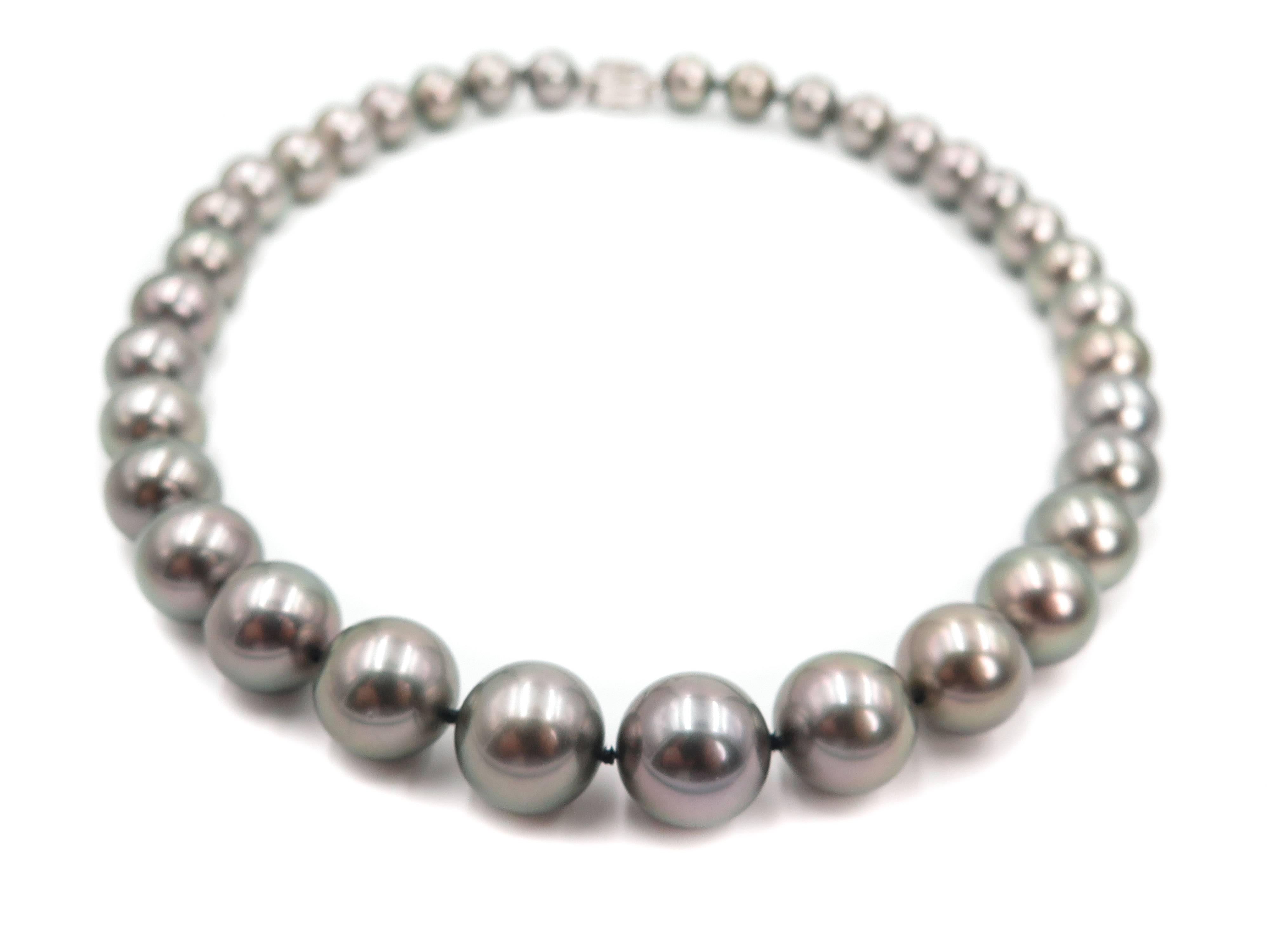 South Sea cultured pearls are impressively large in size and come in a dazzling array of natural colors. Because of varieties in color, shape and size, it can take years to assemble a harmoniously matched strand. 
This 17 inch strand of gorgeous