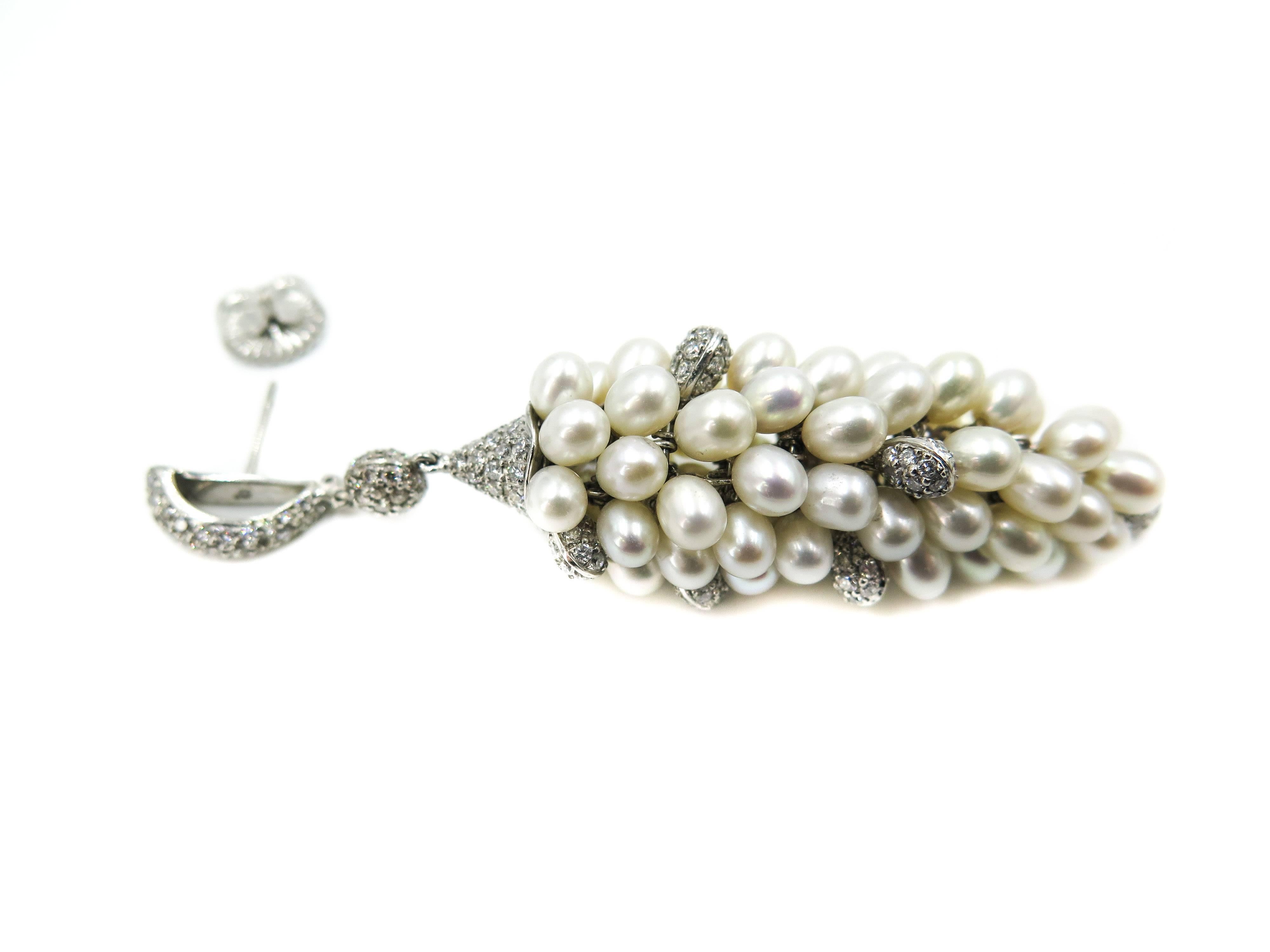 High Victorian Fresh Water Pearls and Pave Diamond White Gold Chandelier Earrings