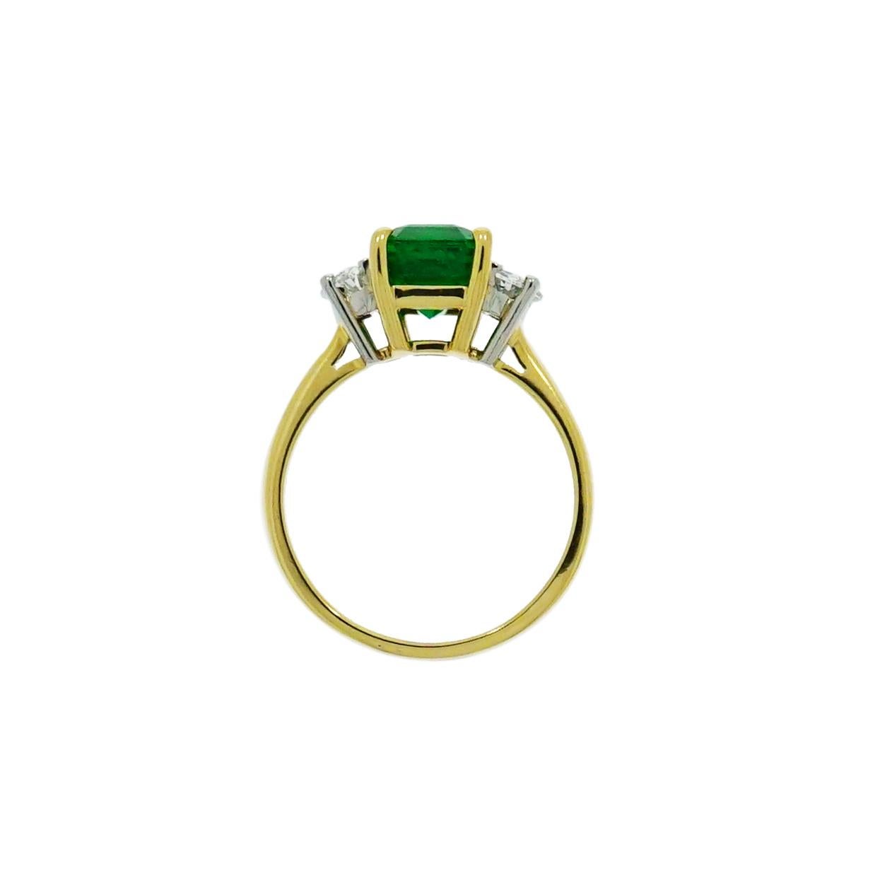 Artist Emerald and Diamond Yellow Gold 3 Stones Ring