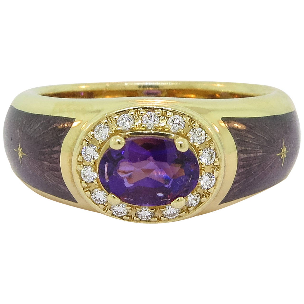 Modern Faberge Enamel Amethyst Diamond Gold Ring
