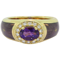 Modern Faberge Enamel Amethyst Diamond Gold Ring 9