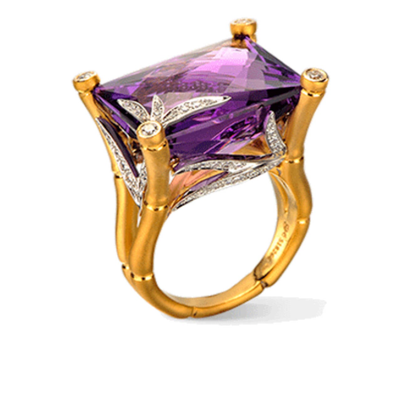 Amethyst Diamond Gold Bamboo Cocktail Ring