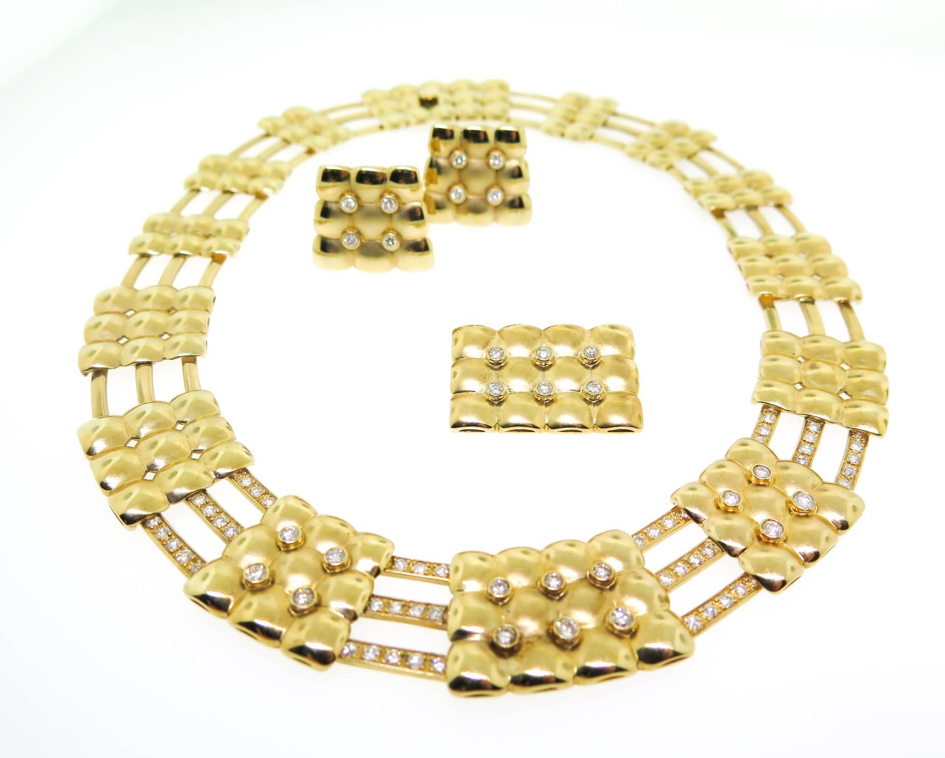 Artist Flexible Diamond Gold Choker earrings and brooch set