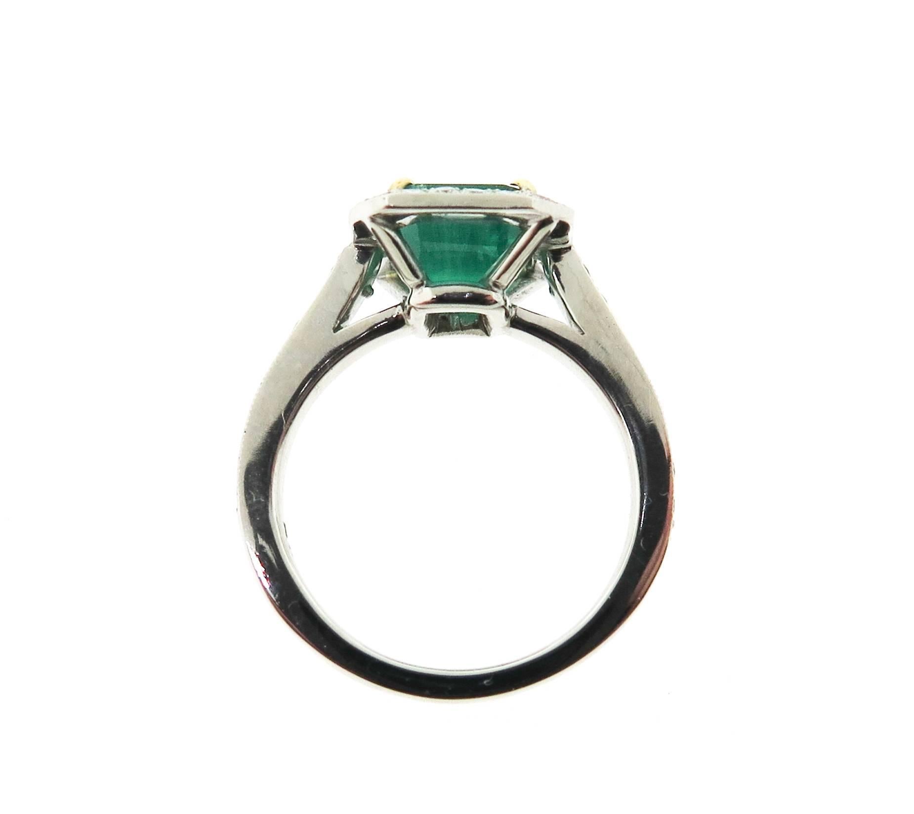 Amazing Emerald & Diamond Ring.
This gorgeous Emerald weights 3 ct. and surrounded by round brilliant cut white diamonds forming a halo with a total weight of 0.60 ct. Handcrafted in Platinum. Finger size 6.

