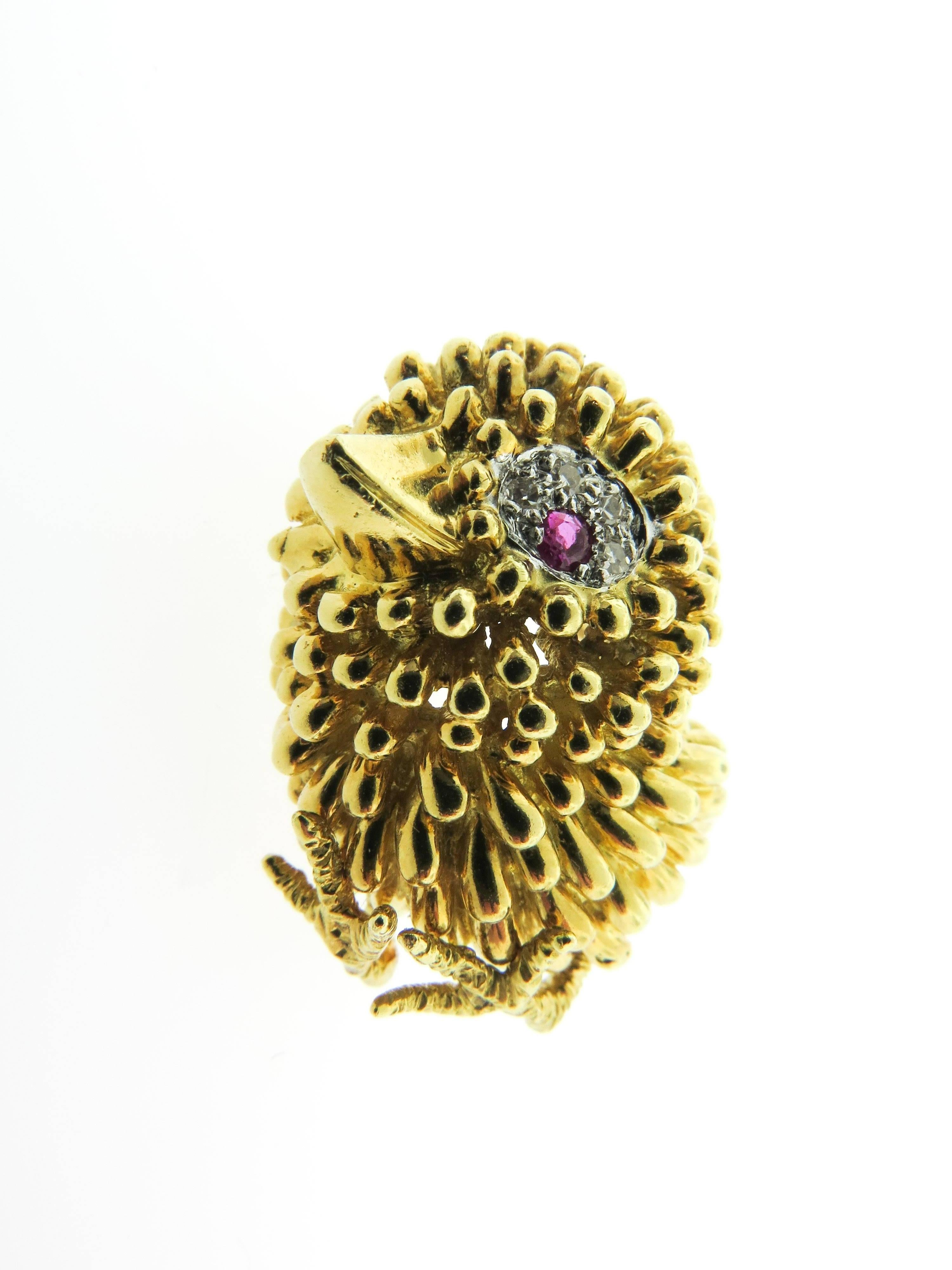 Gold, ruby and diamond baby chick pin, signed by Kutchinsky. 1.3