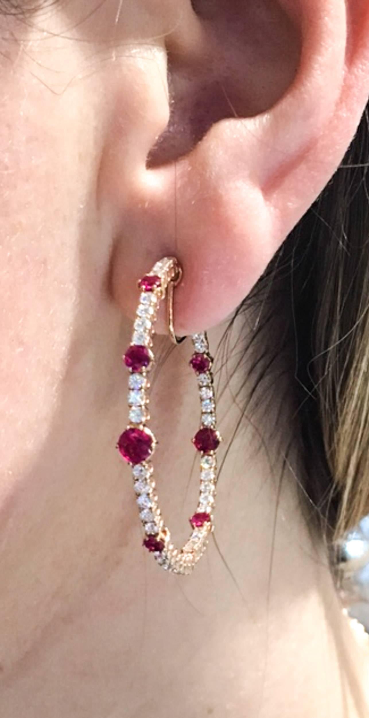 Rose Gold Ruby and Diamond Hoop Earrings 2
