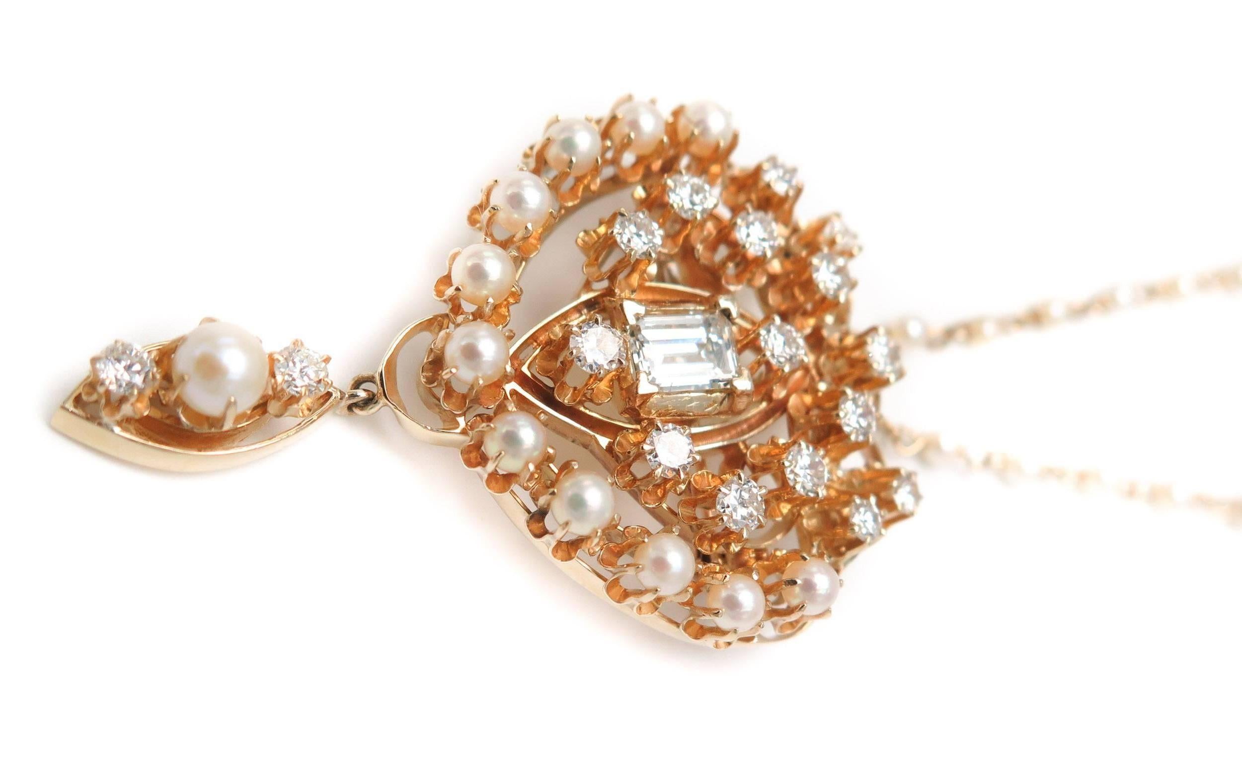 Victorian Pearl Diamond Yellow Gold Brooch Pendant Necklace