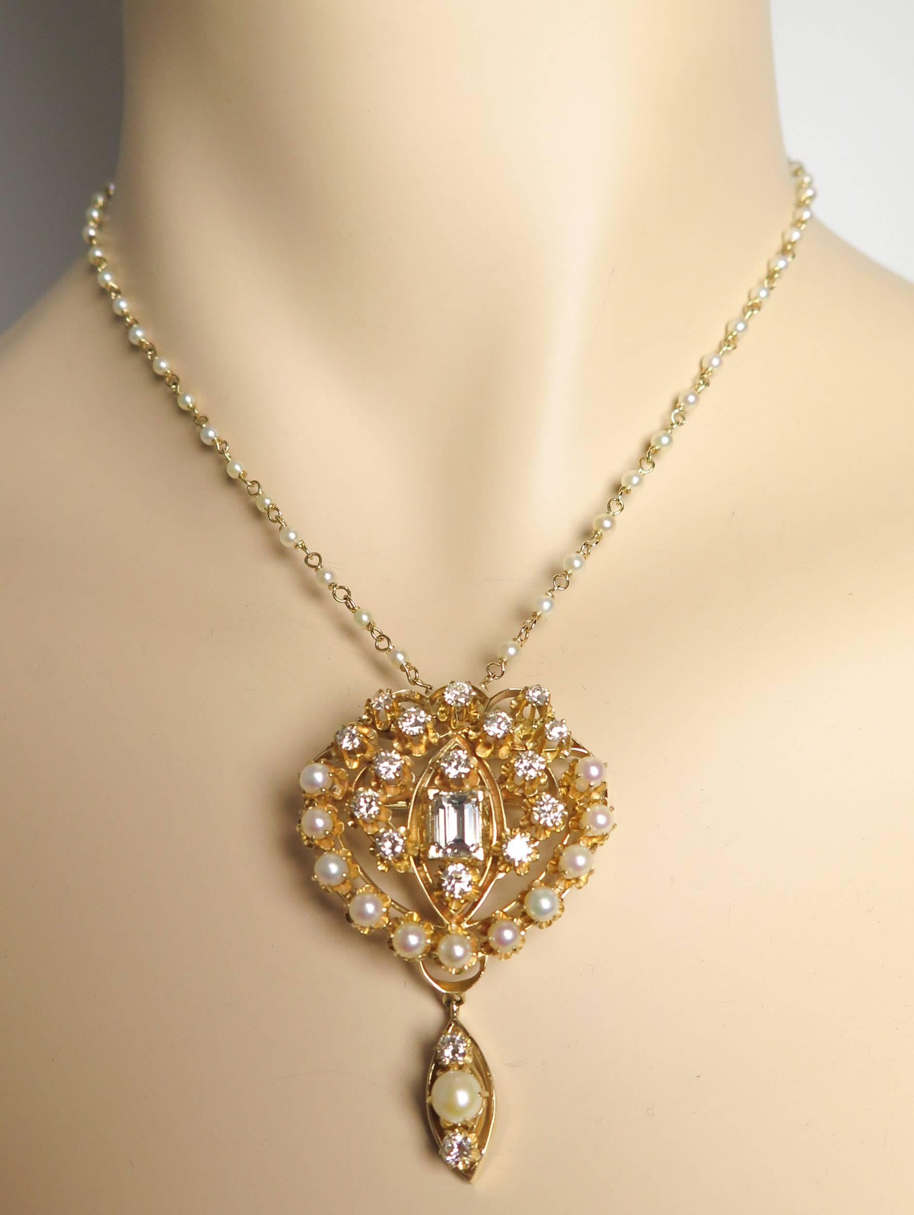Women's Pearl Diamond Yellow Gold Brooch Pendant Necklace