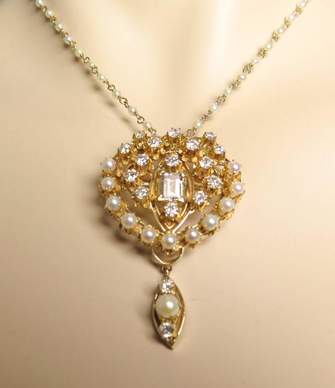 Pearl Diamond Yellow Gold Brooch Pendant Necklace at 1stDibs