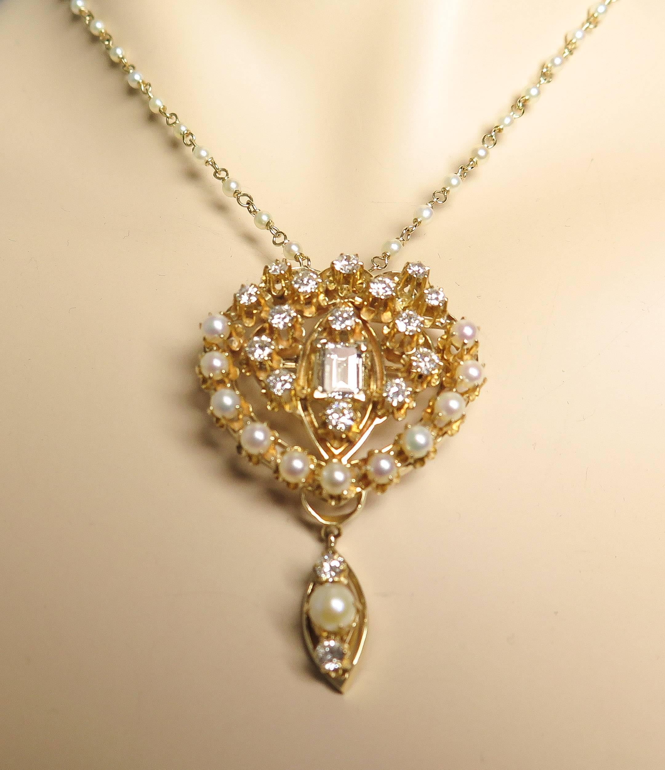 Pearl Diamond Yellow Gold Brooch Pendant Necklace 1