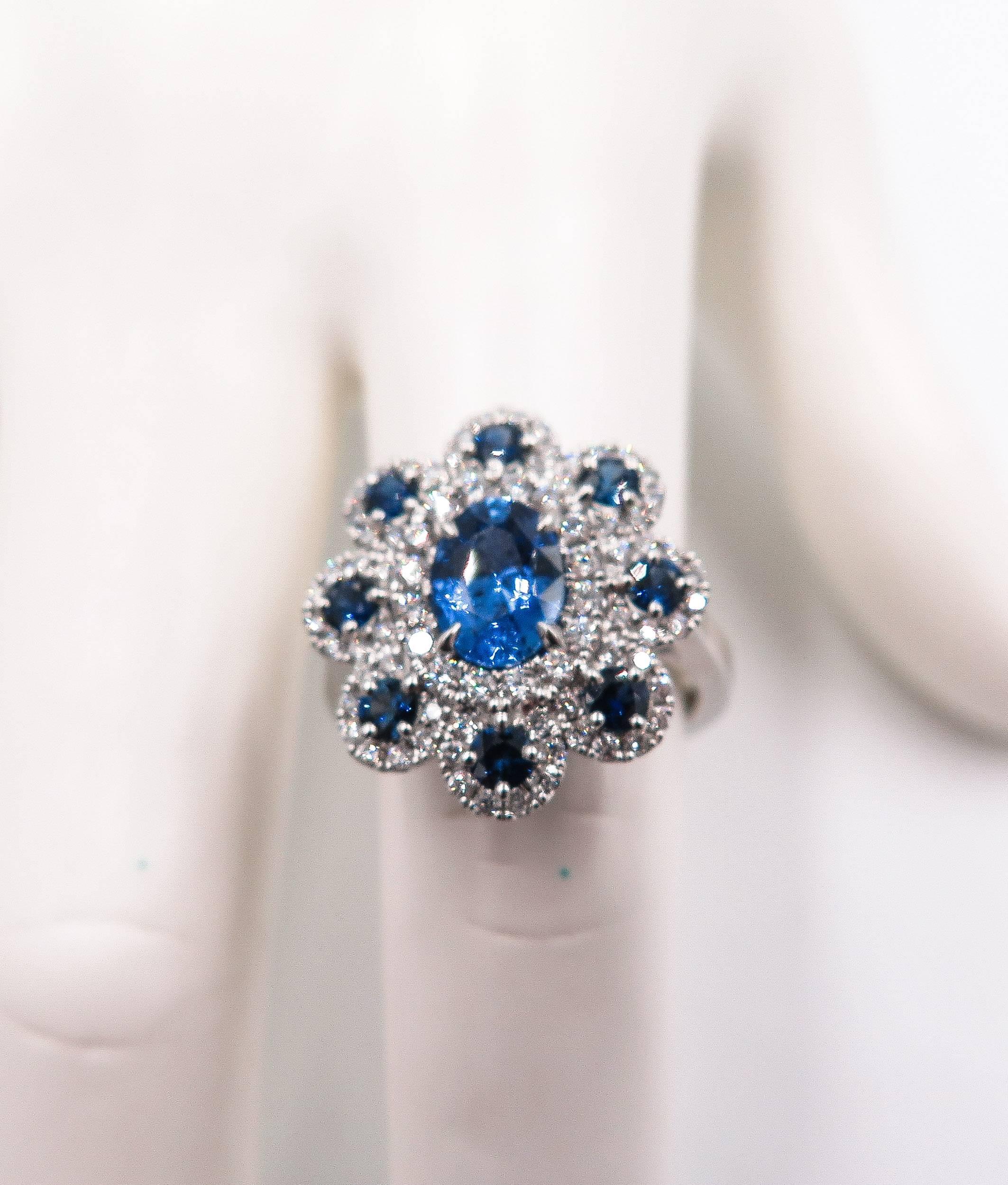 Sapphire Diamond Flower white gold Ring 3