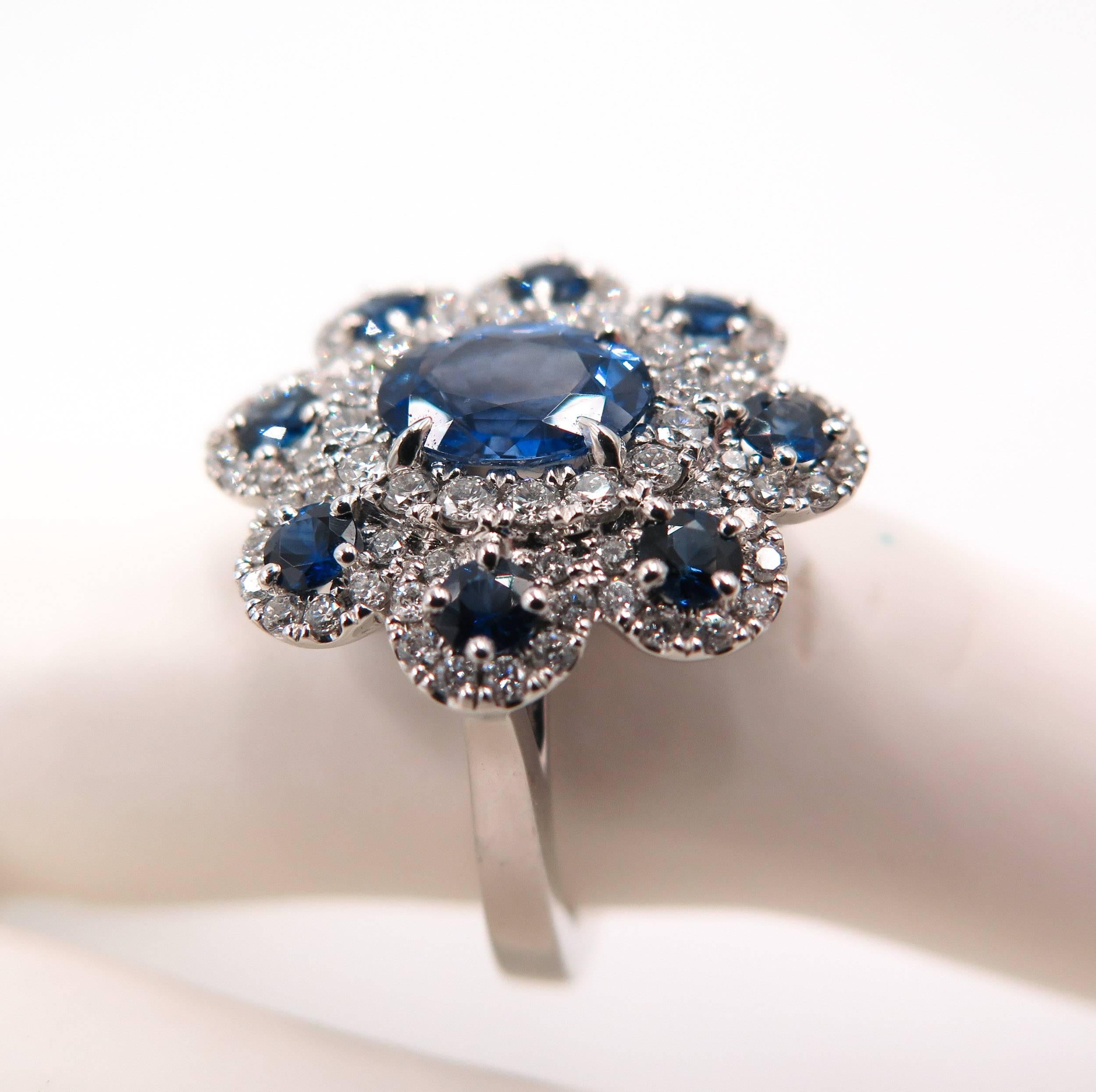 Sapphire Diamond Flower white gold Ring 4