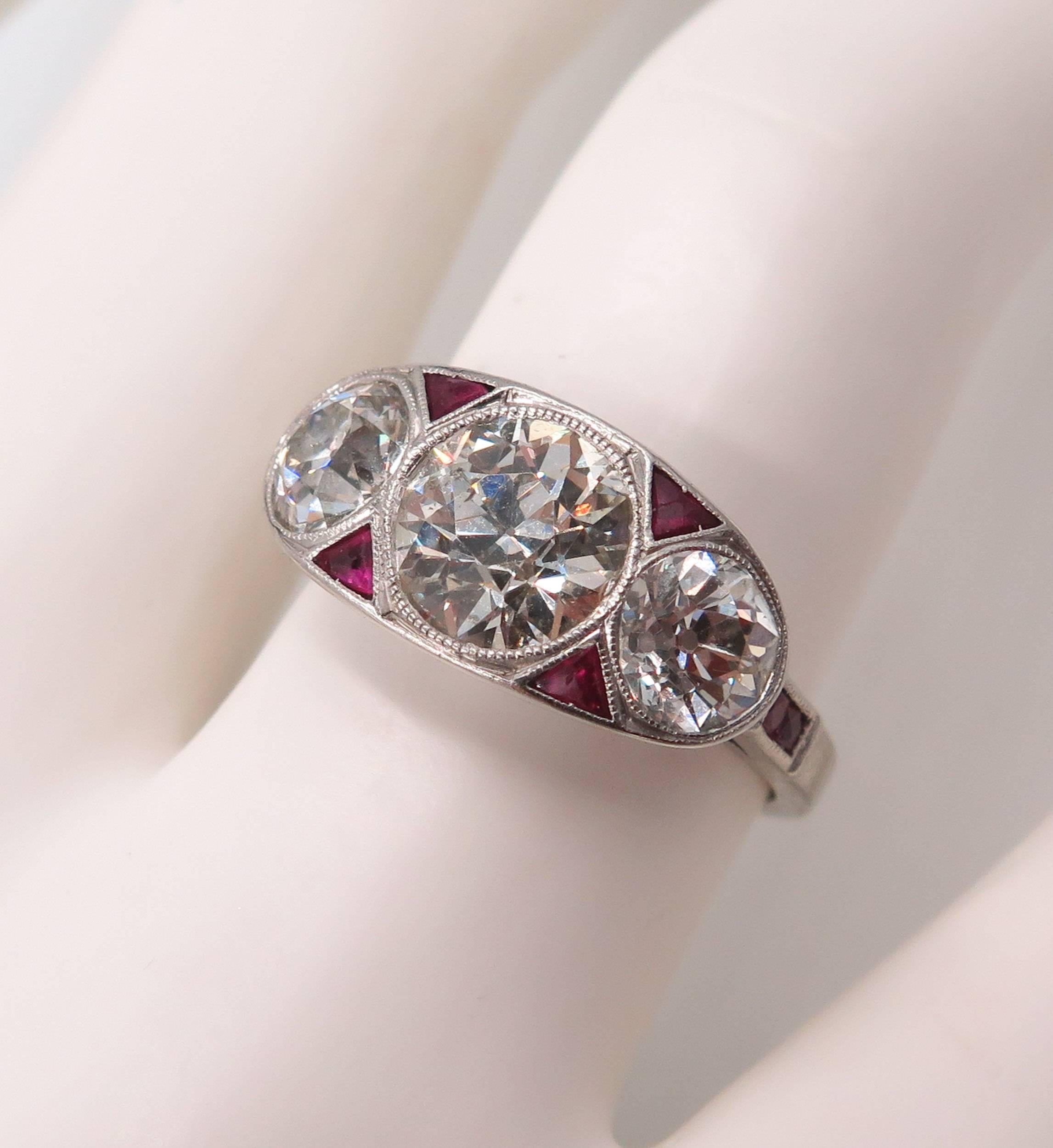 Art Deco Old European Cut Diamond Ruby Platinum Ring 2