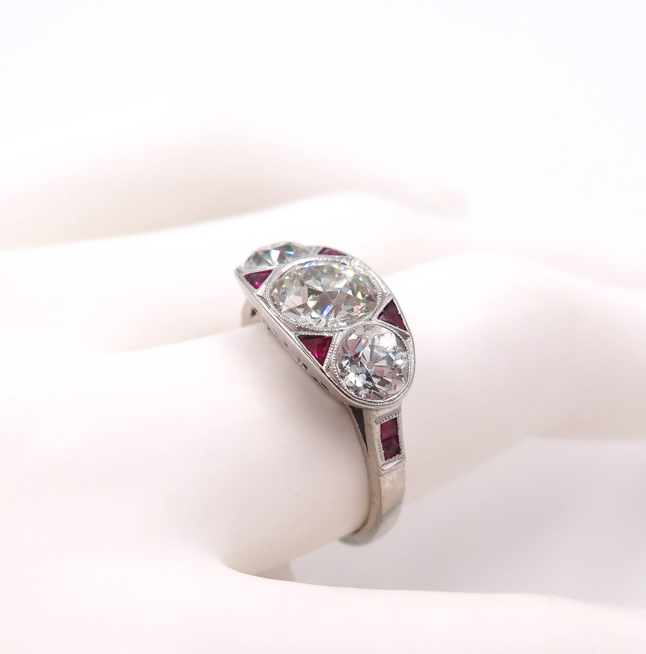 Art Deco Old European Cut Diamond Ruby Platinum Ring 3