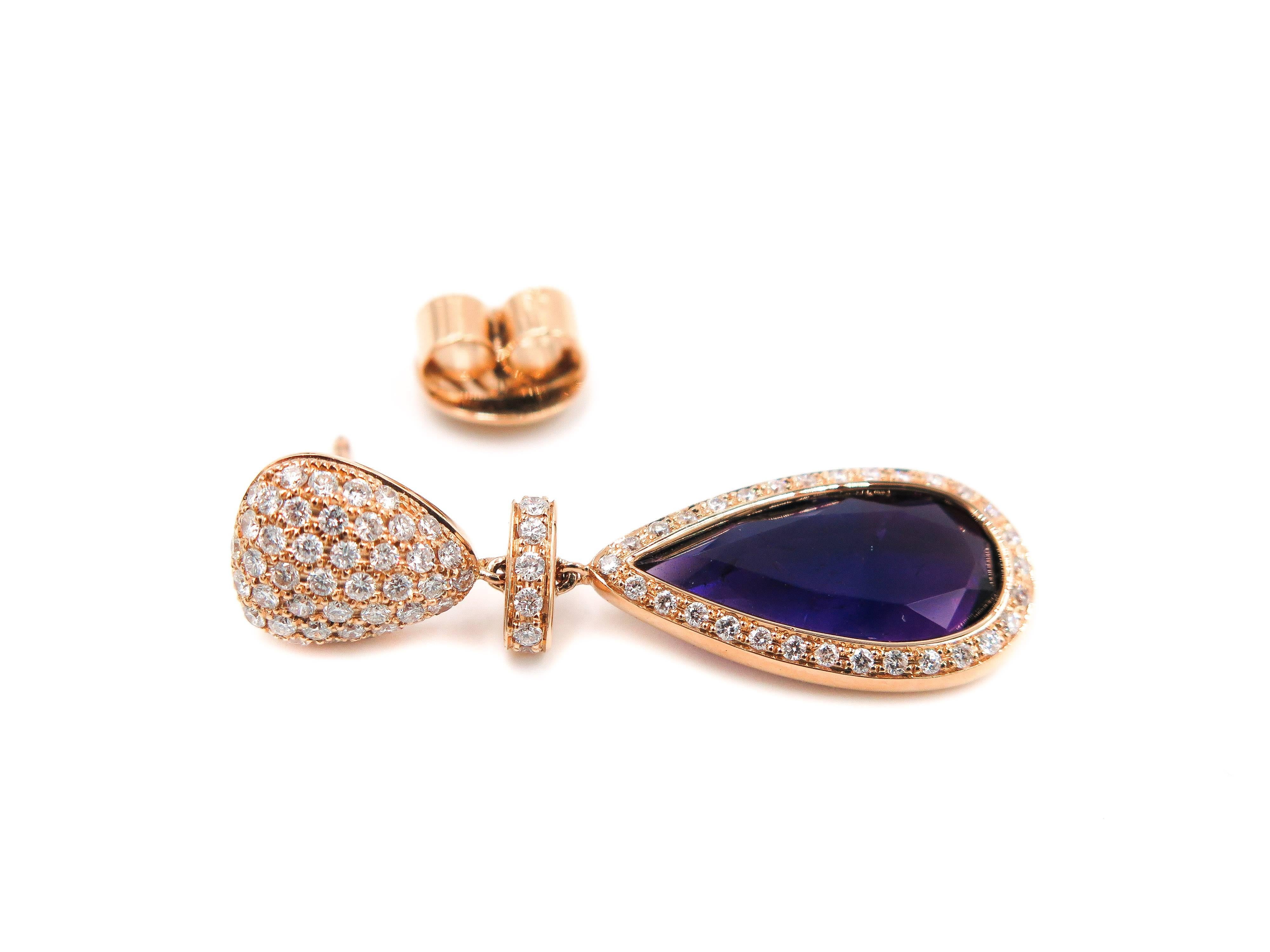 Contemporary Amethyst and Diamond Rose Gold Drop Earrings by Monseo