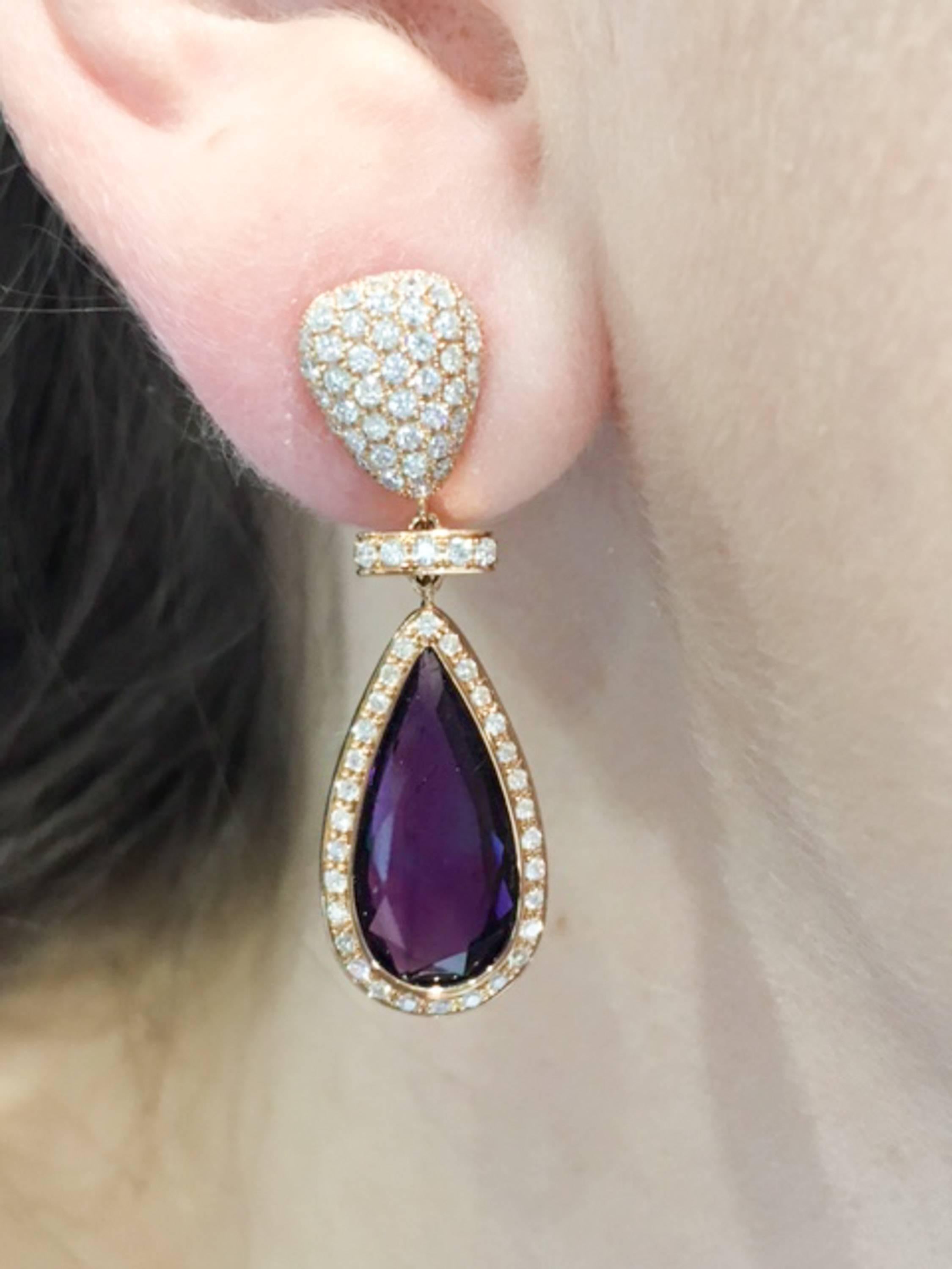 Women's Amethyst and Diamond Rose Gold Drop Earrings by Monseo