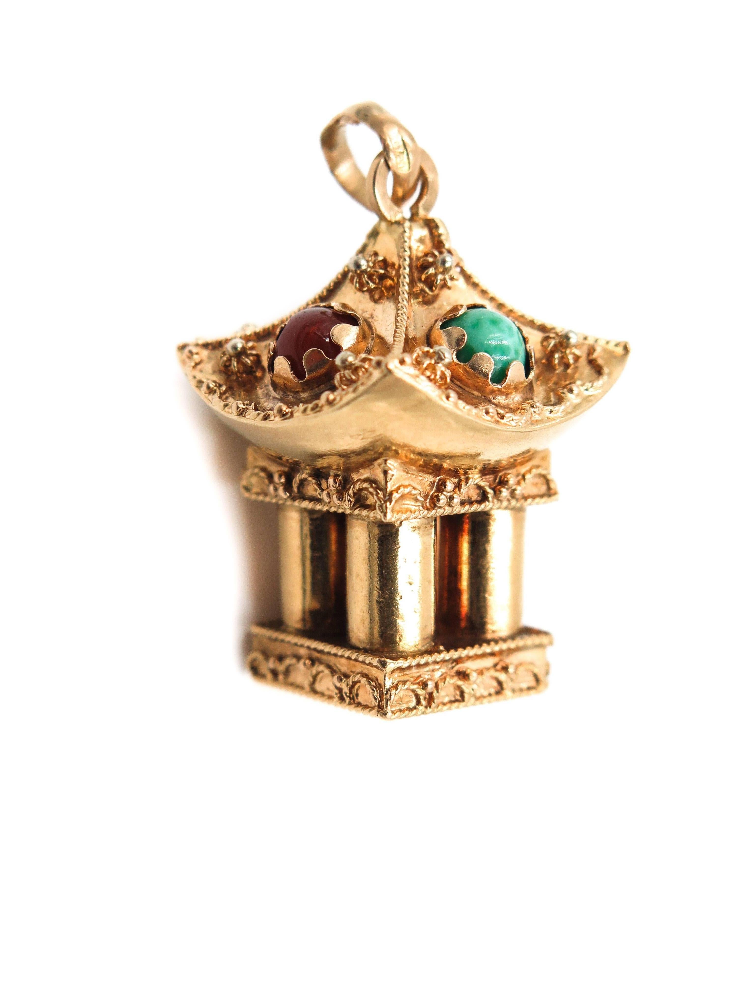 Etruscan Revival Vintage Etruscan Style Pagoda Charm in 18 Karat Yellow Gold