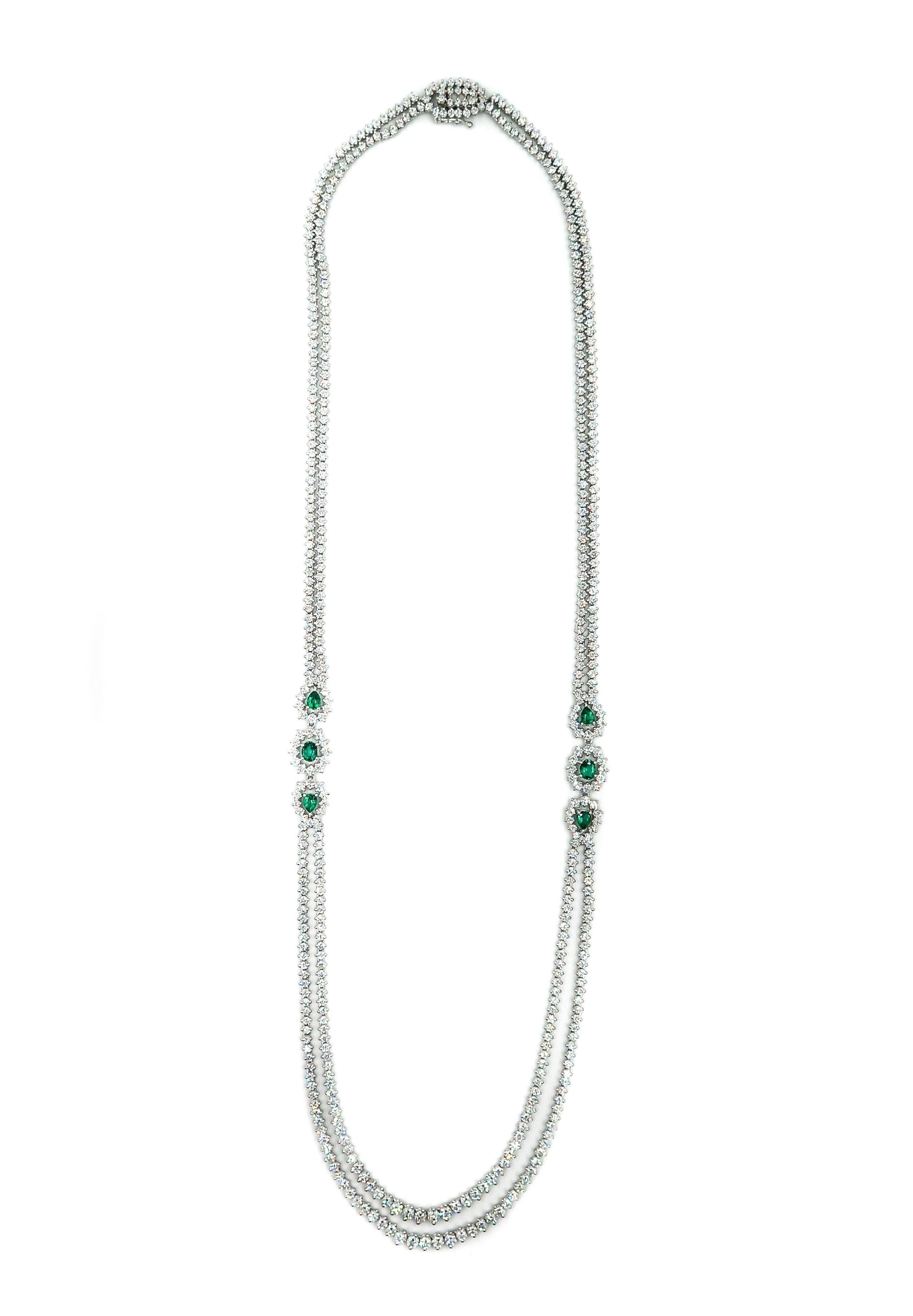 It's easy to be seduced by the elegance and beauty of diamonds and emeralds.
The long standing tradition of fine Italian jewelry making, gives this necklace its unique value and originality. 
A double stranded long riviera necklace comprised of