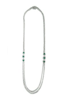 Double Strand Diamond and Emerald White Gold Necklace