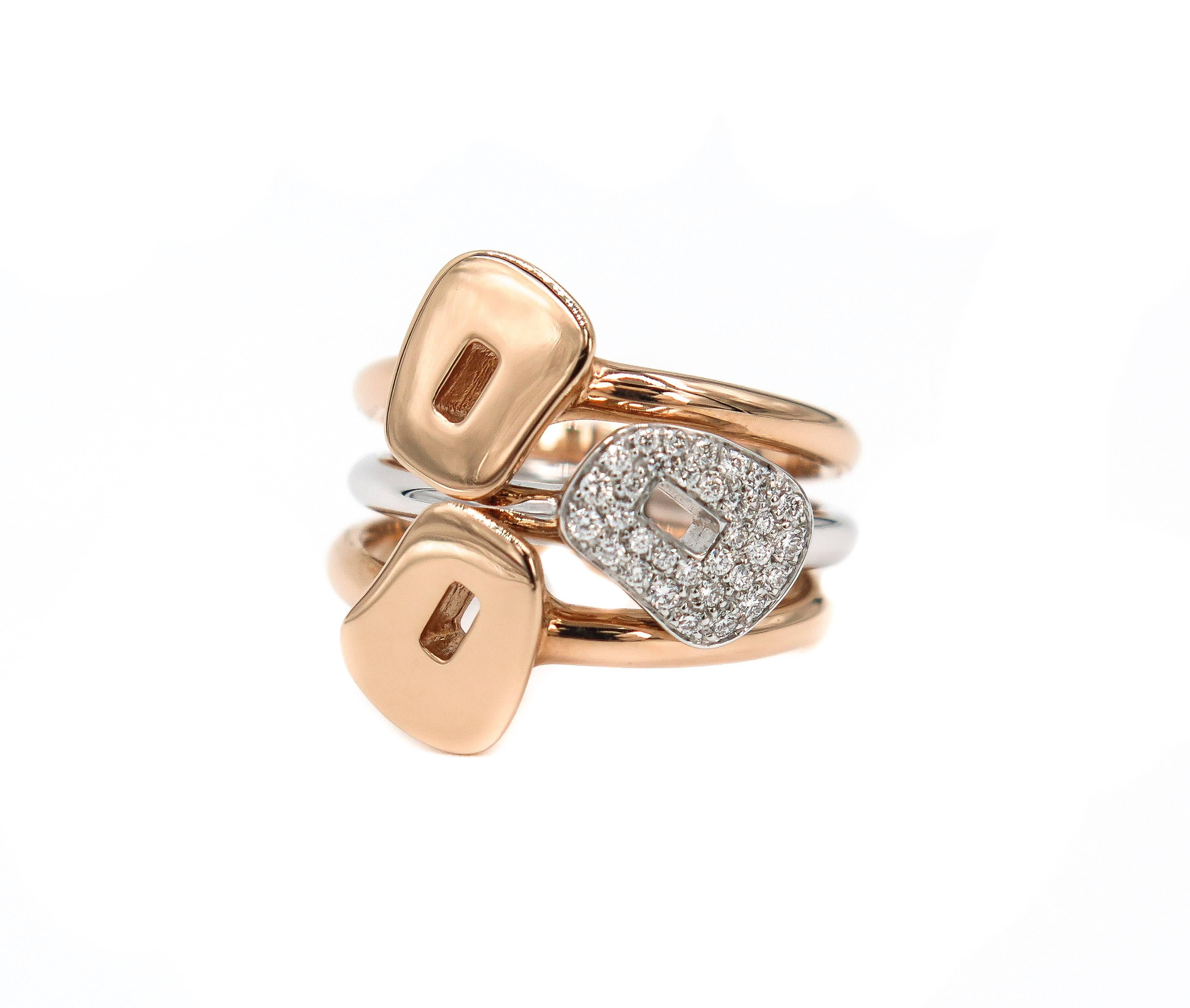  Smoothed angles and attractive irregular shapes to wear and change as desired. 
This Puzzle ring is also at the very top for innovation in design, materials and fun.
Handcrafted in Italy by Mattioli in 18k rose gold with 0.20 carats of white round