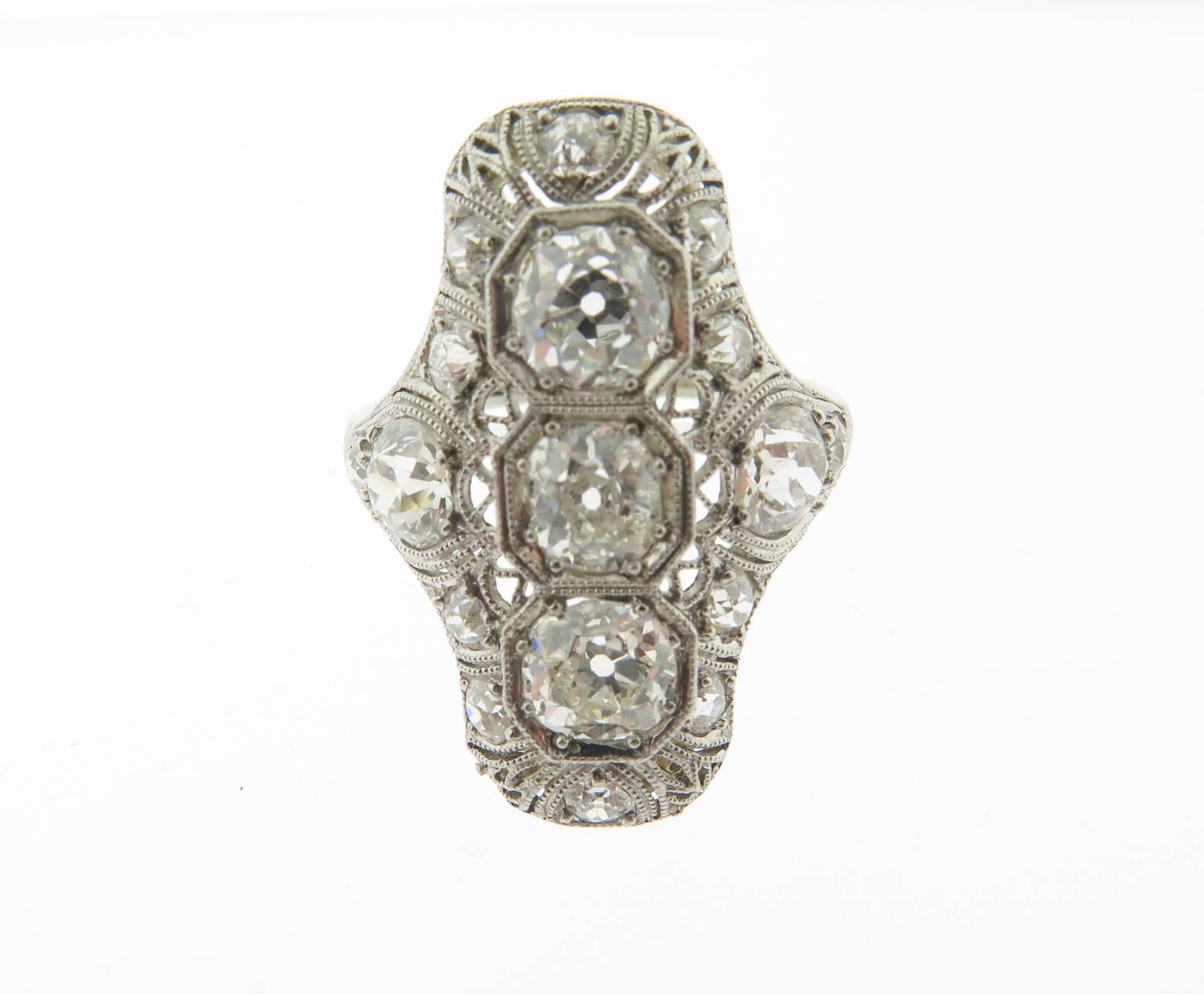 Women's 1930s Art Deco Diamond Gold 3 Stone Cocktail Ring