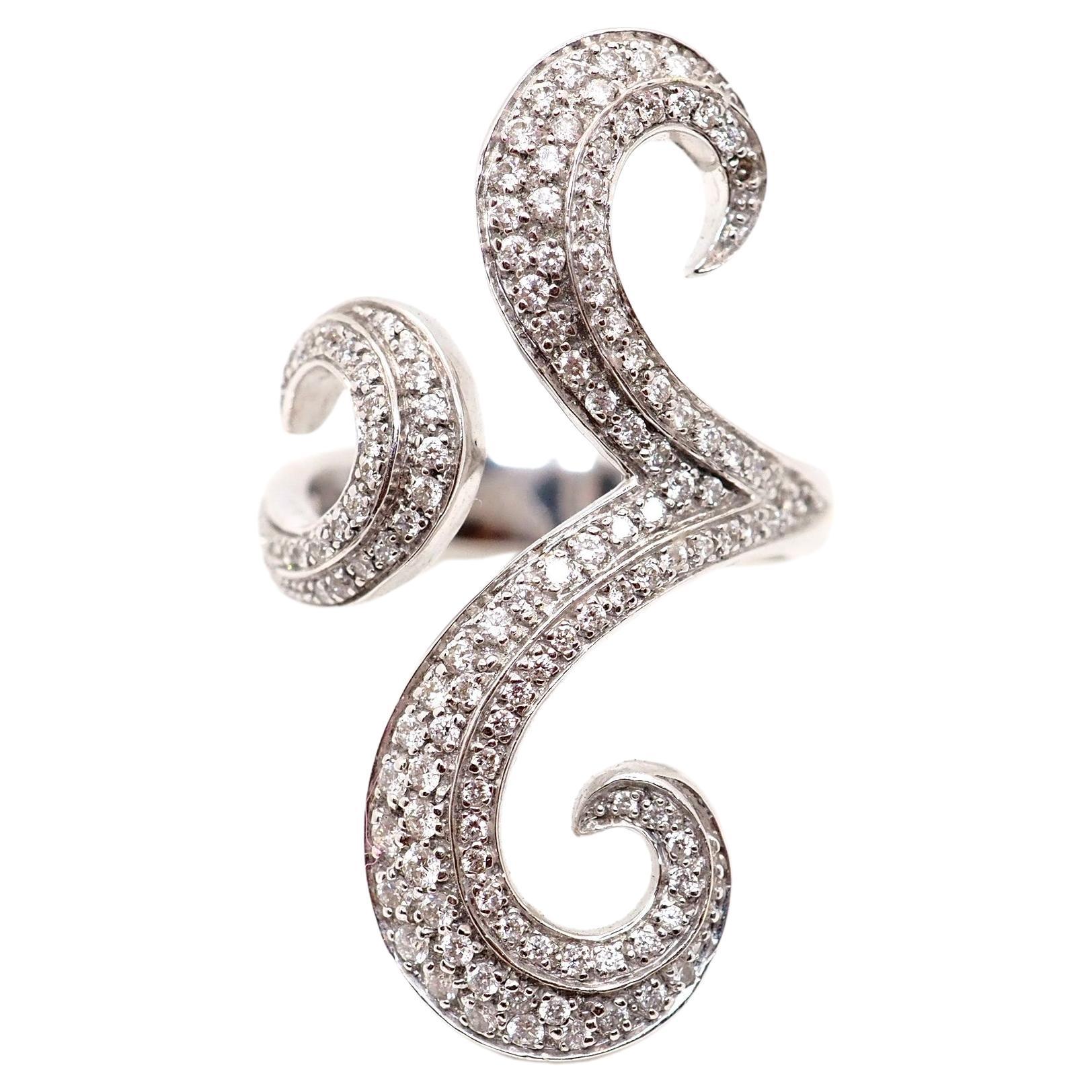 Diamond Ring Paved 18 Karat White Gold Spiral Shape Curved Ring  For Sale