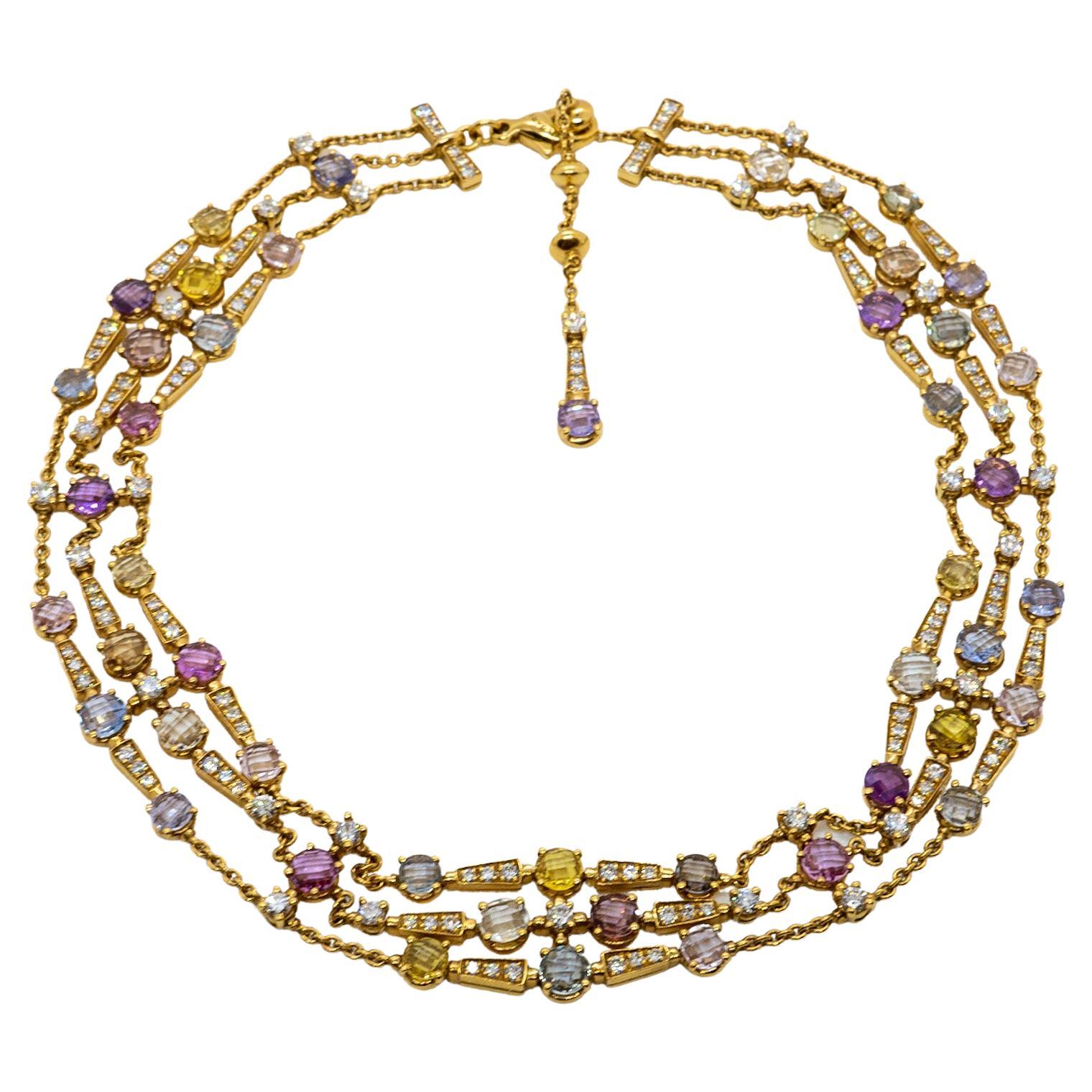 Bulgari Allegra Halskette aus 18 Karat Gelbgold mit Diamanten und mehrfarbigen Saphiren 