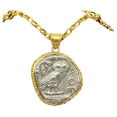 Ancient Greek 5th Century BCE Athena Owl Coin 18K Gold Pendant 18" 18K Chain